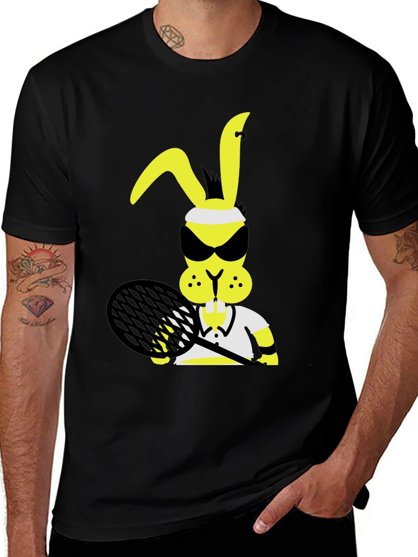 Variant 15 of Tennis Bunny Graphic Tee - Black Cotton Shirt