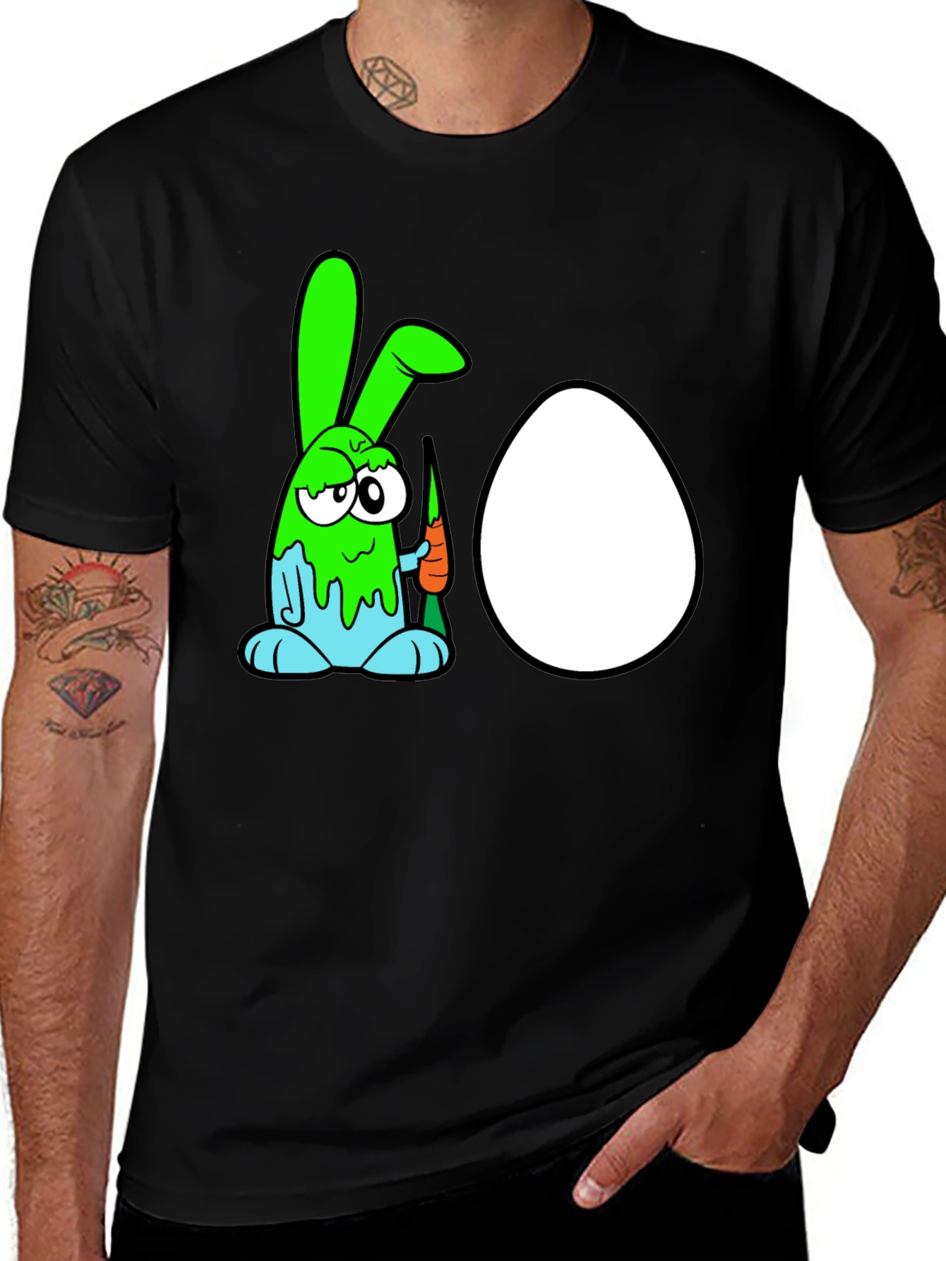Variant 4 of Funny Cartoon Bunny & Egg Graphic Black T-Shirt