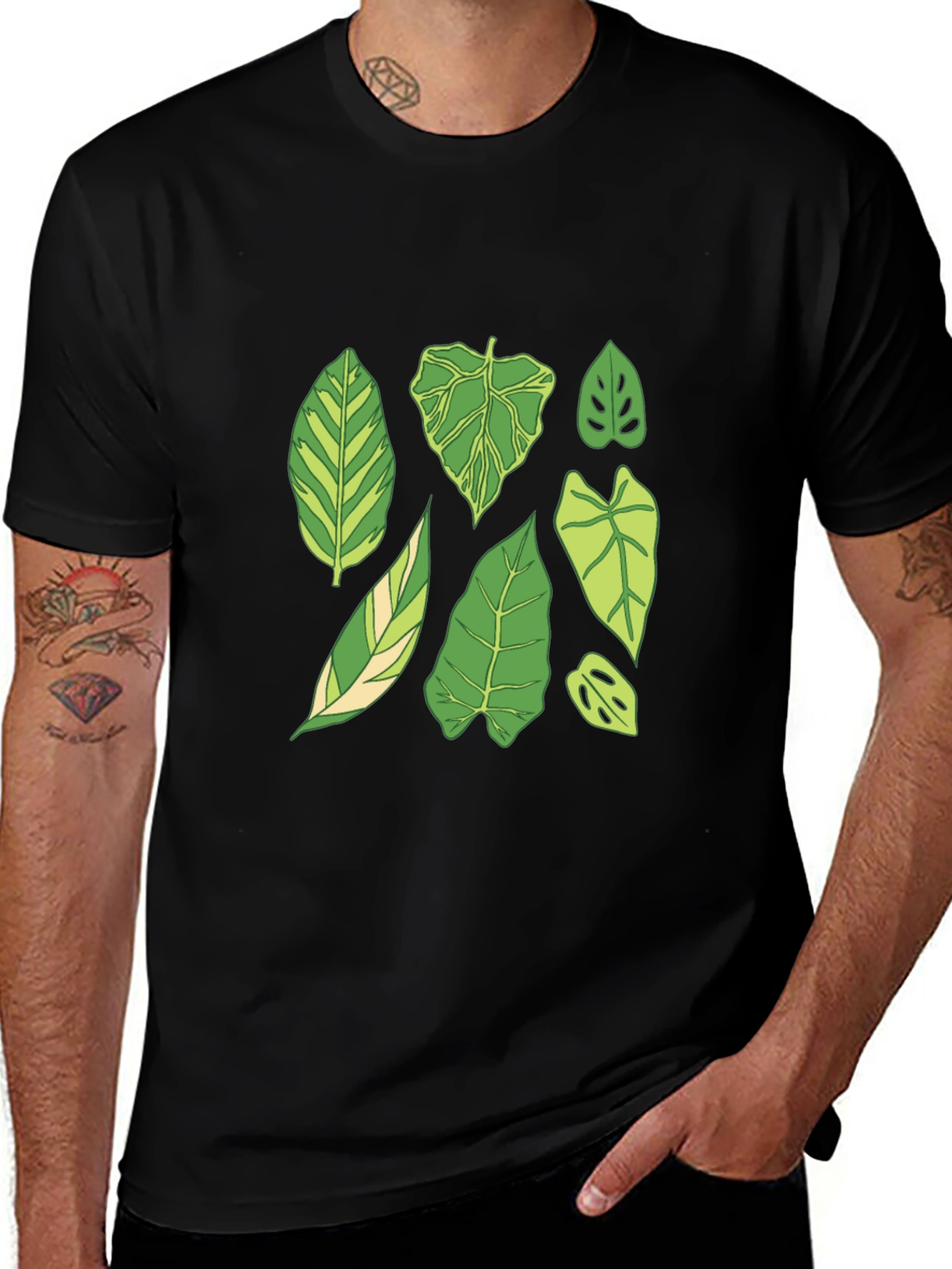 Variant 28 of Botanical Leaf Print Black T-Shirt