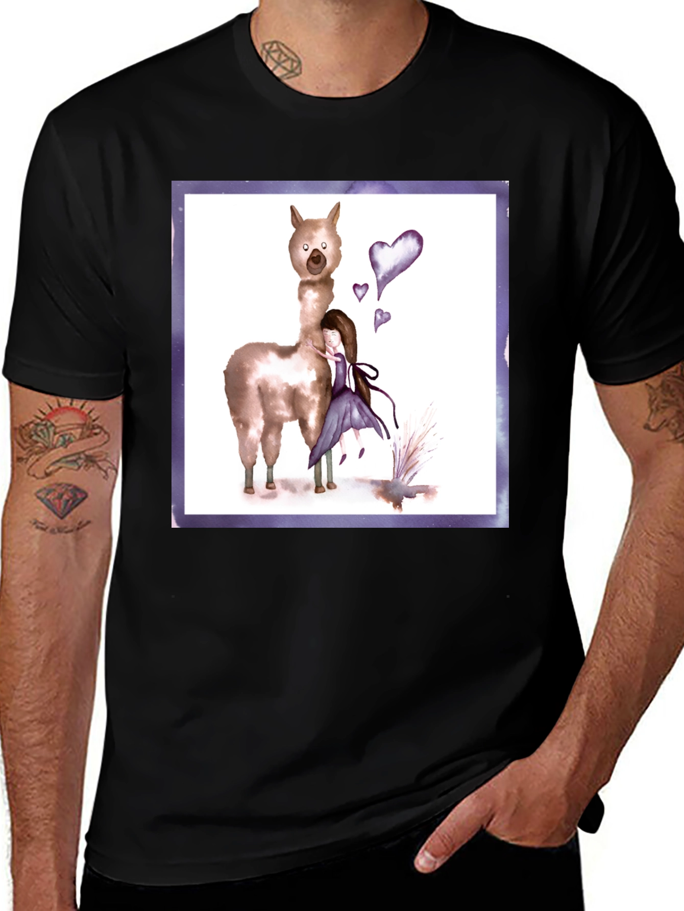 Variant 11 of Whimsical Alpaca & Girl Graphic Tee - Black
