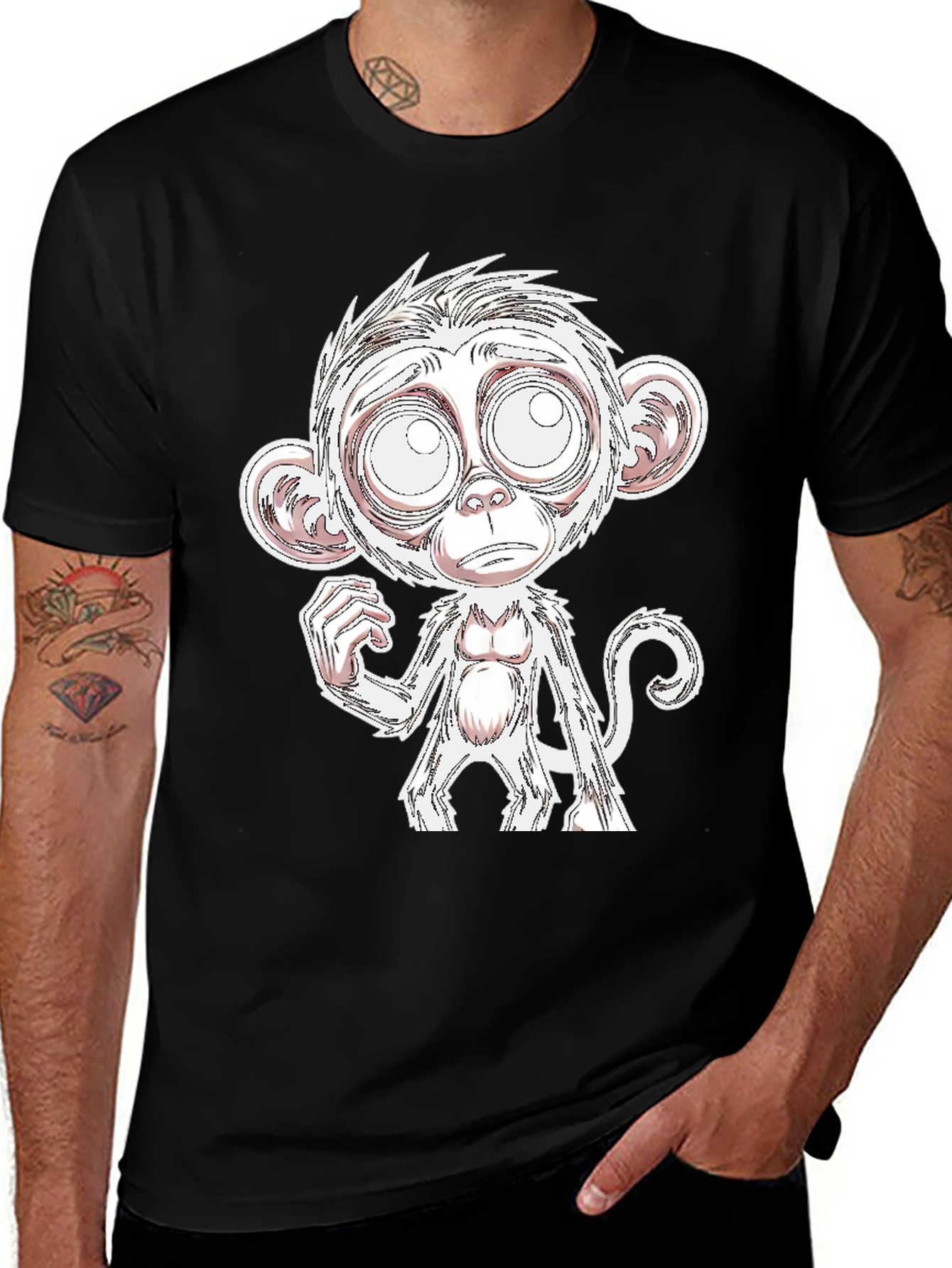 Cartoon Monkey Graphic Tee - Quirky Black T-Shirt for Men