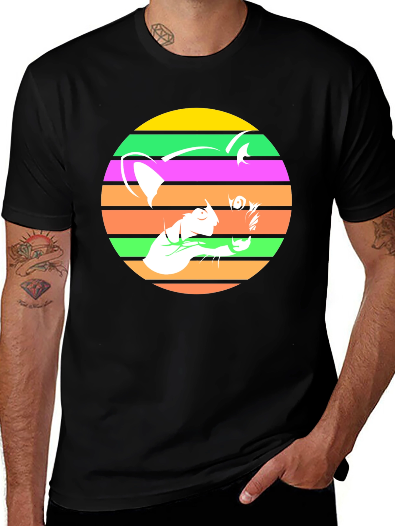 Variant 14 of Retro Cat Graphic Tee - Colorful Striped Design