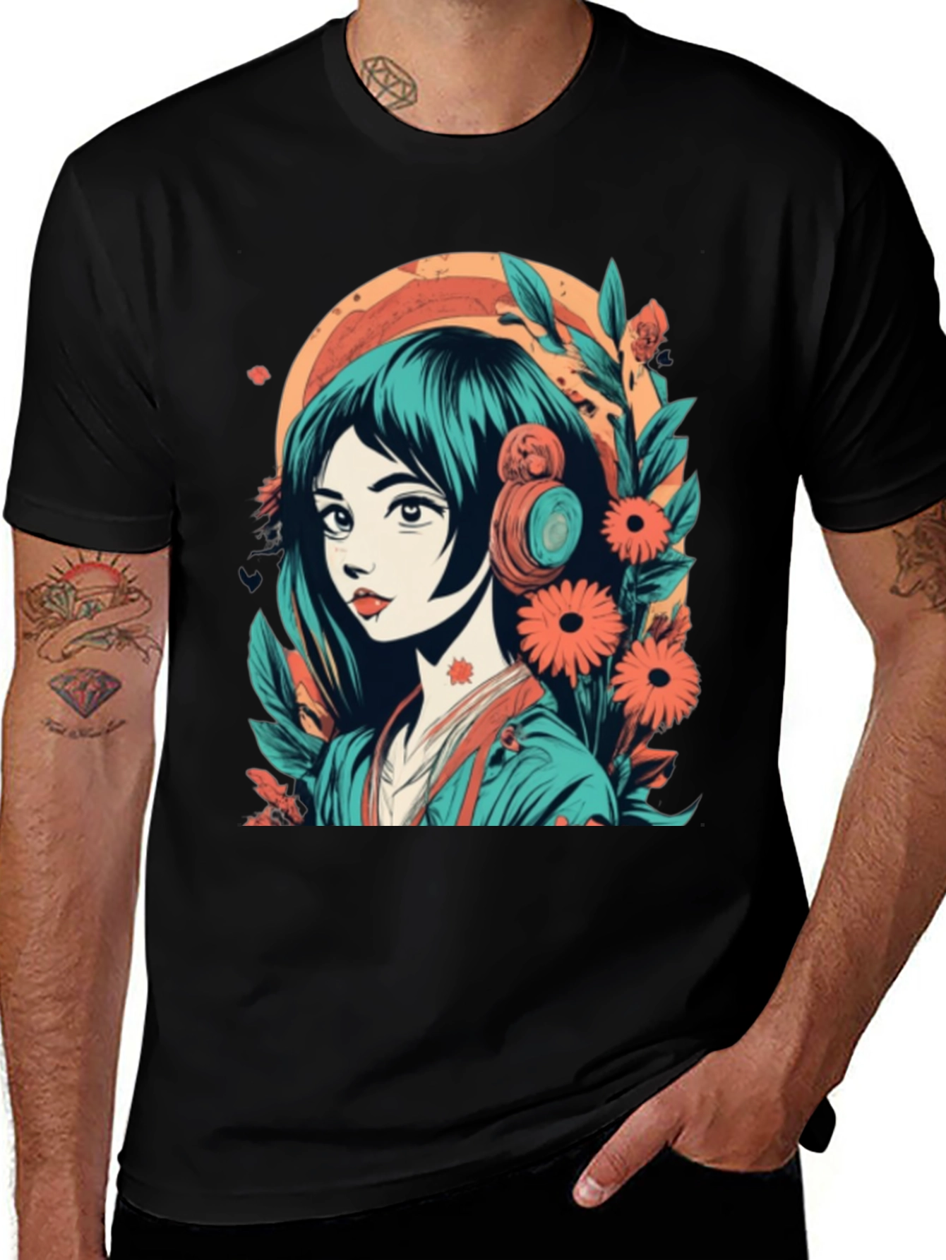 Variant 25 of Anime Girl Graphic Tee - Floral & Headphones Design