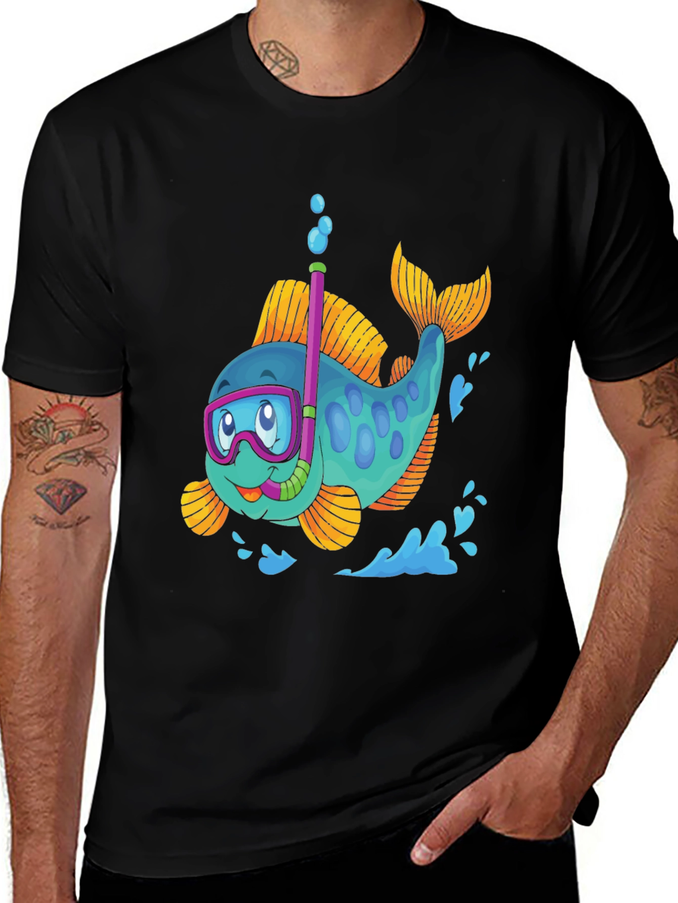 Diving Fish Graphic Tee - Black Cotton T-Shirt