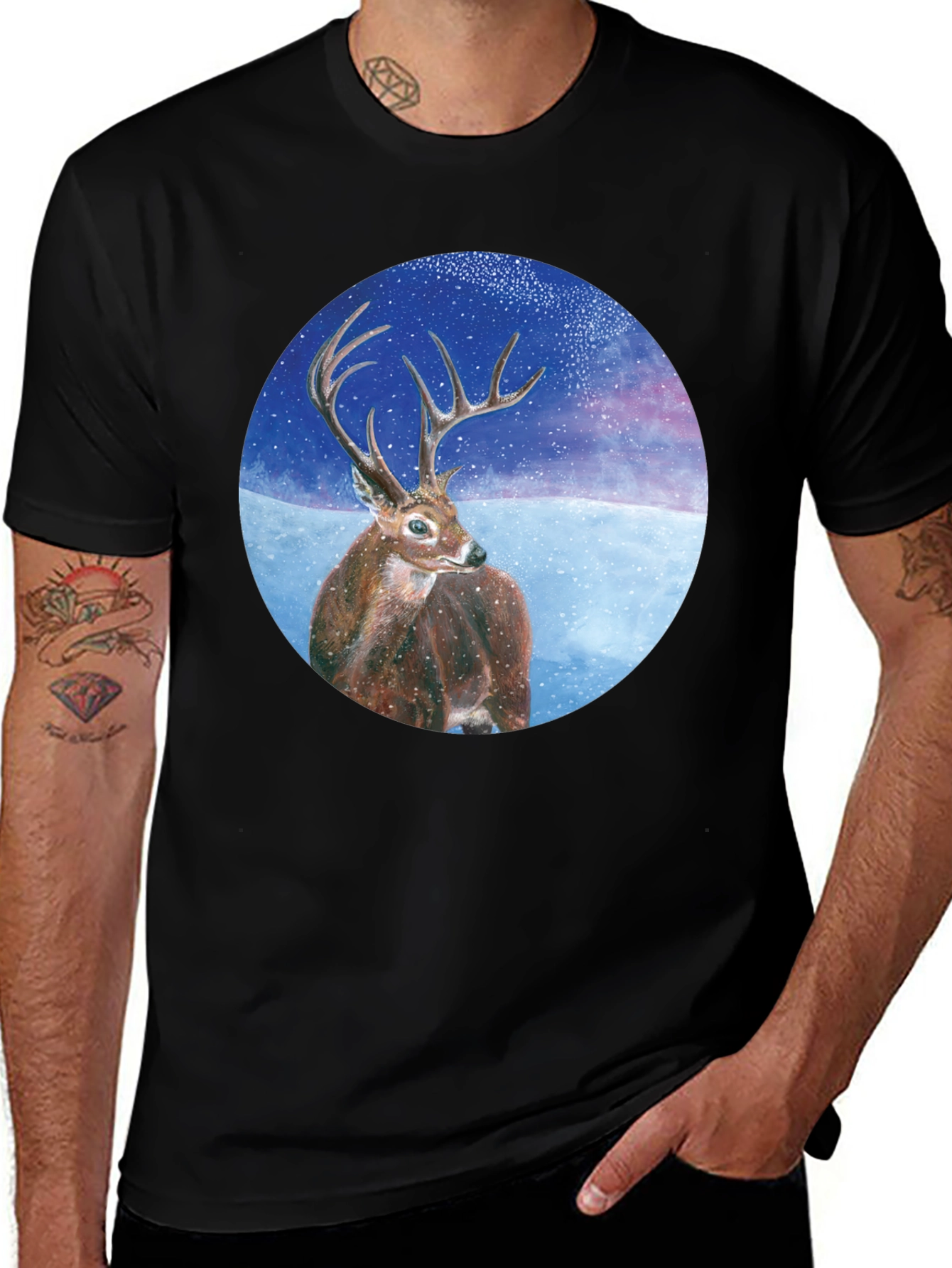 Variant 3 of Deer in Winter Scene Black T-Shirt