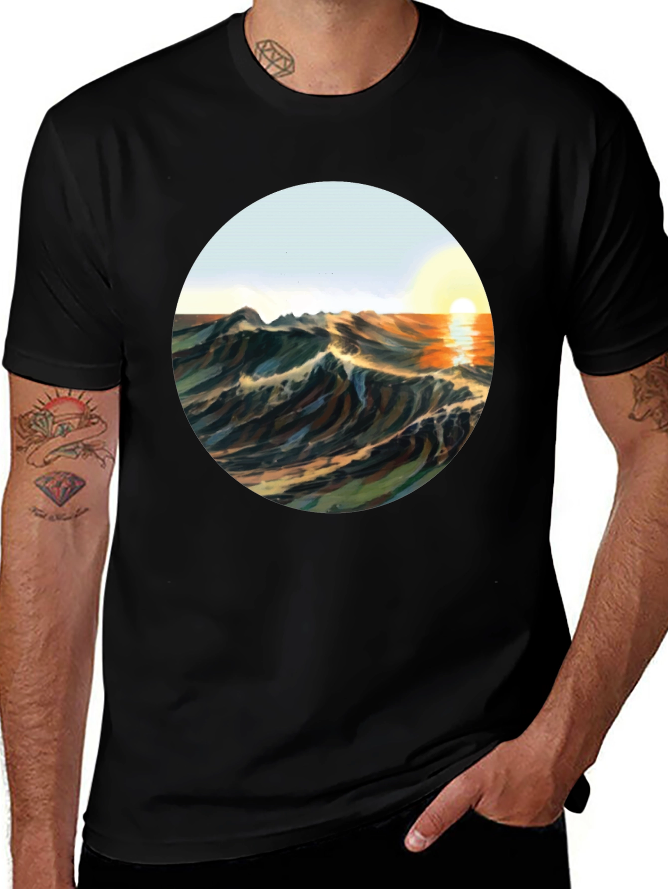 Variant 5 of Sunrise Waves Graphic Tee - Black Cotton Blend