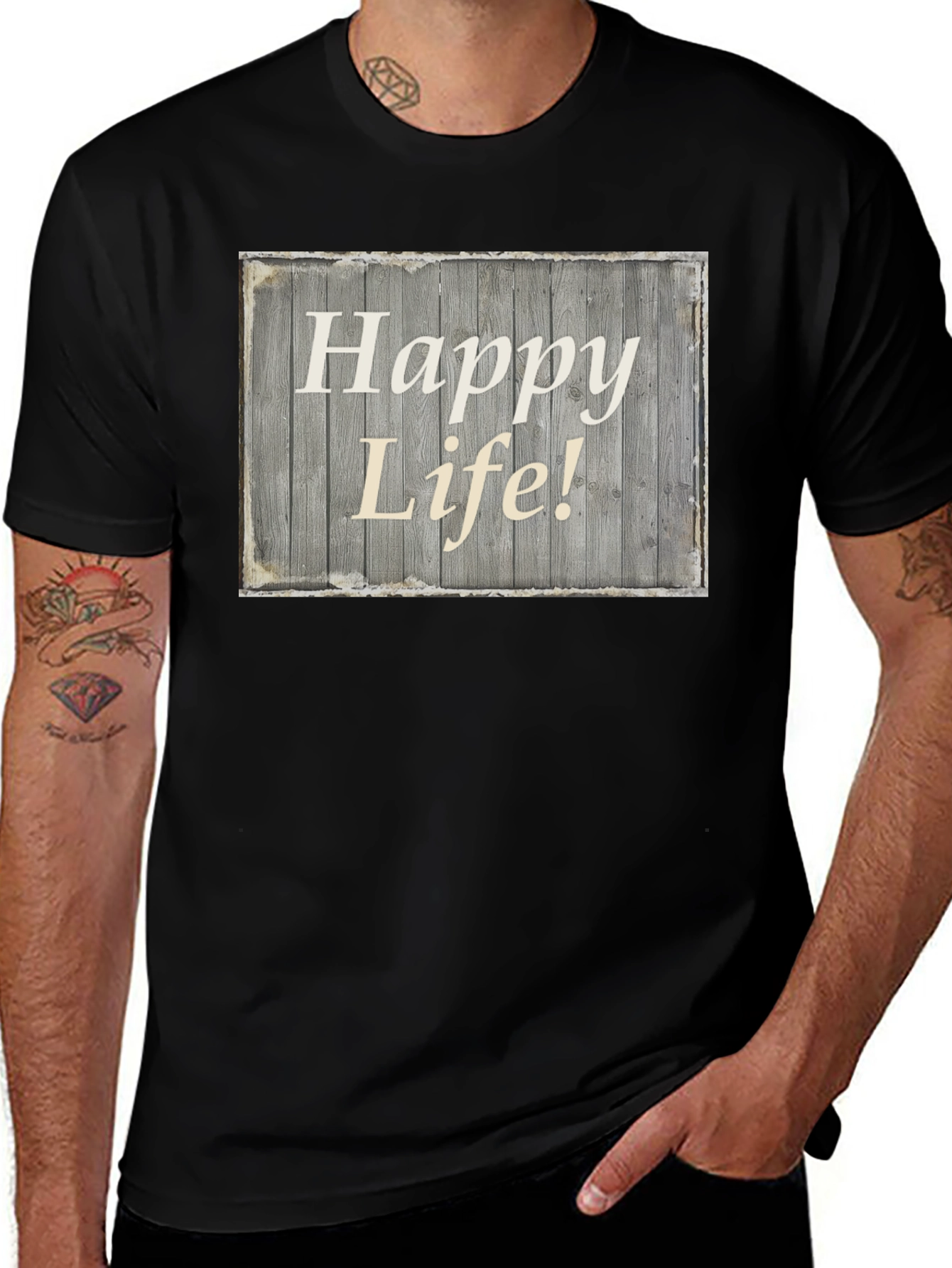 Variant 11 of Happy Life Graphic Tee - Black Crew Neck T-Shirt