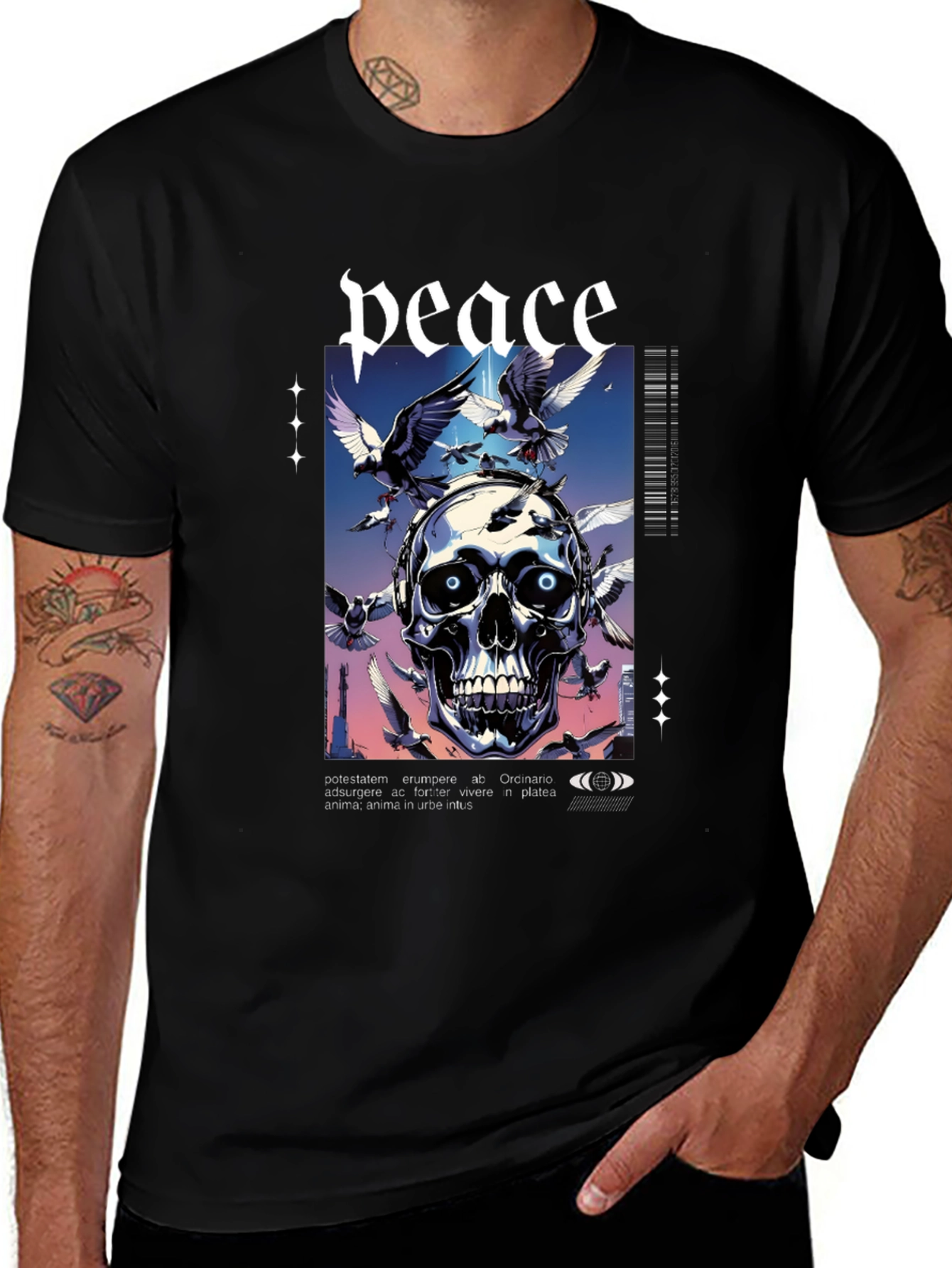 Variant 20 of Peace Skull Graphic Print Tee - Men's Black T-Shirt