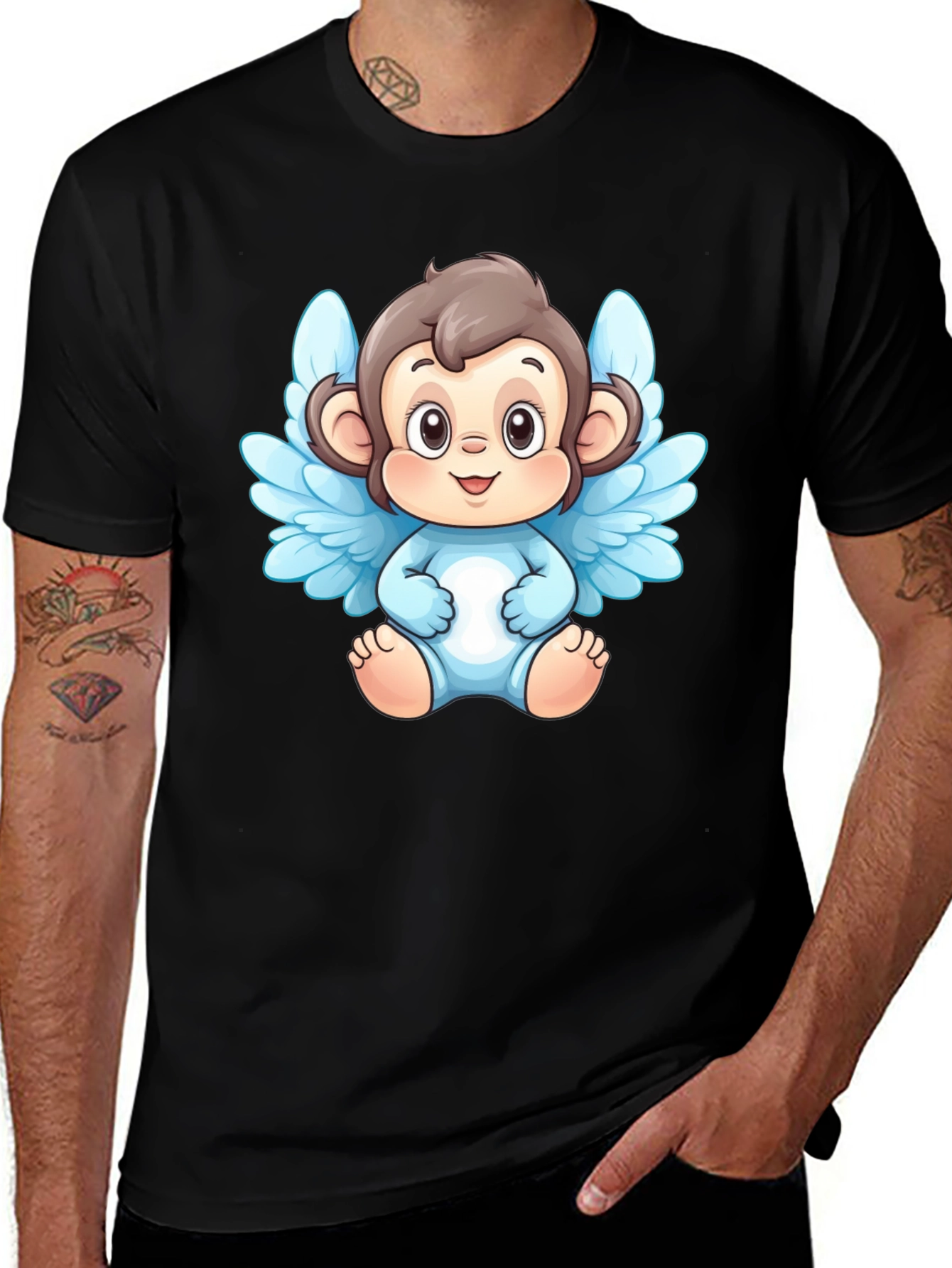 Angel Monkey Graphic T-Shirt - Black Cotton Tee