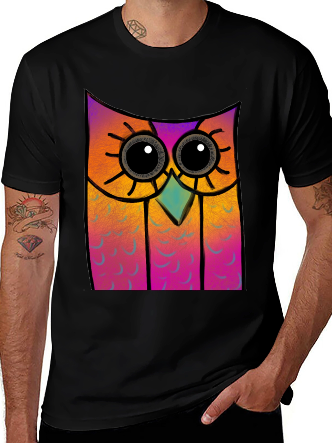 Variant 30 of Colorful Owl Graphic Tee - Men's Black T-Shirt