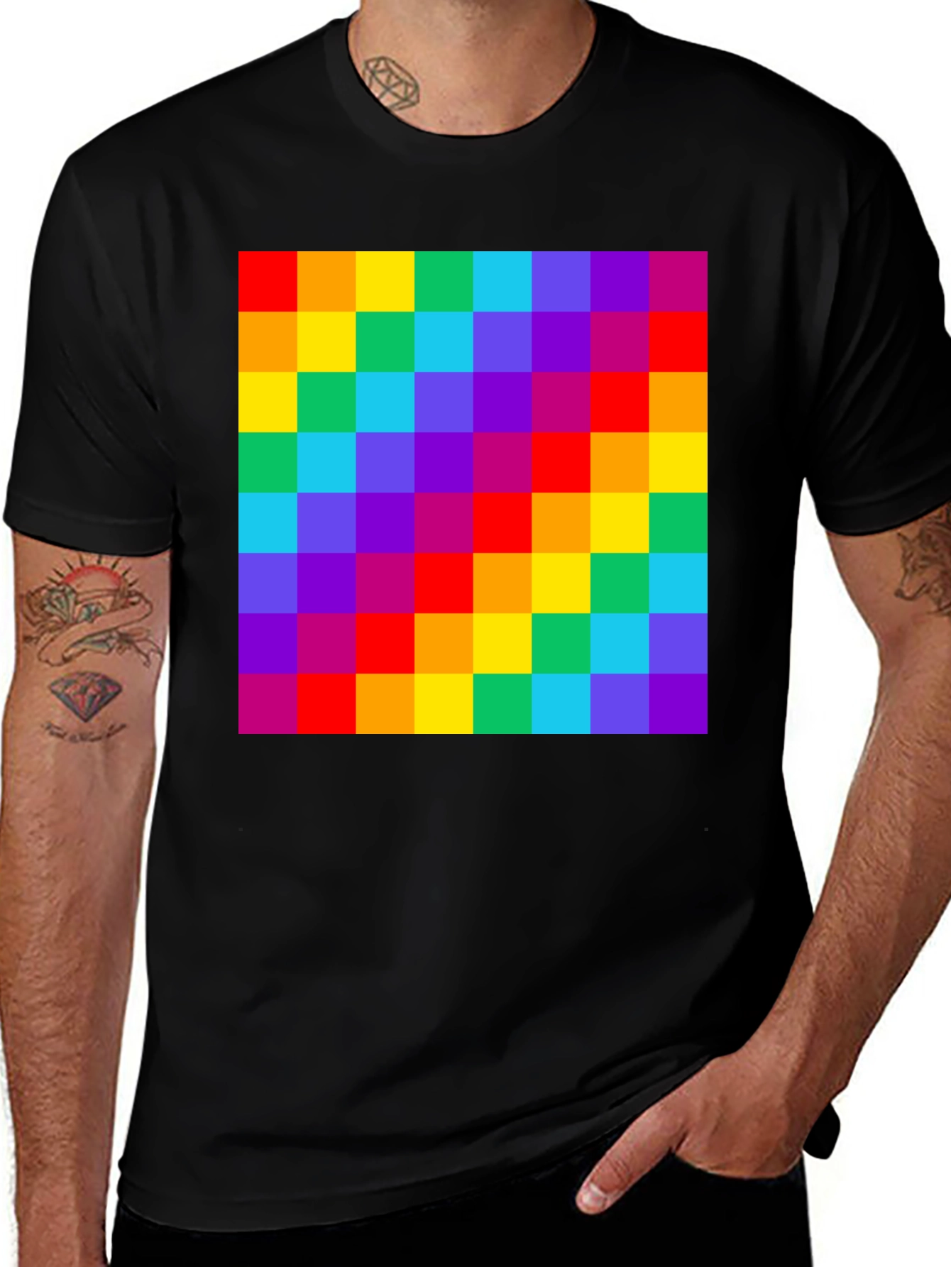 Variant 11 of Rainbow Grid Graphic Tee - Vibrant Checkered Pattern
