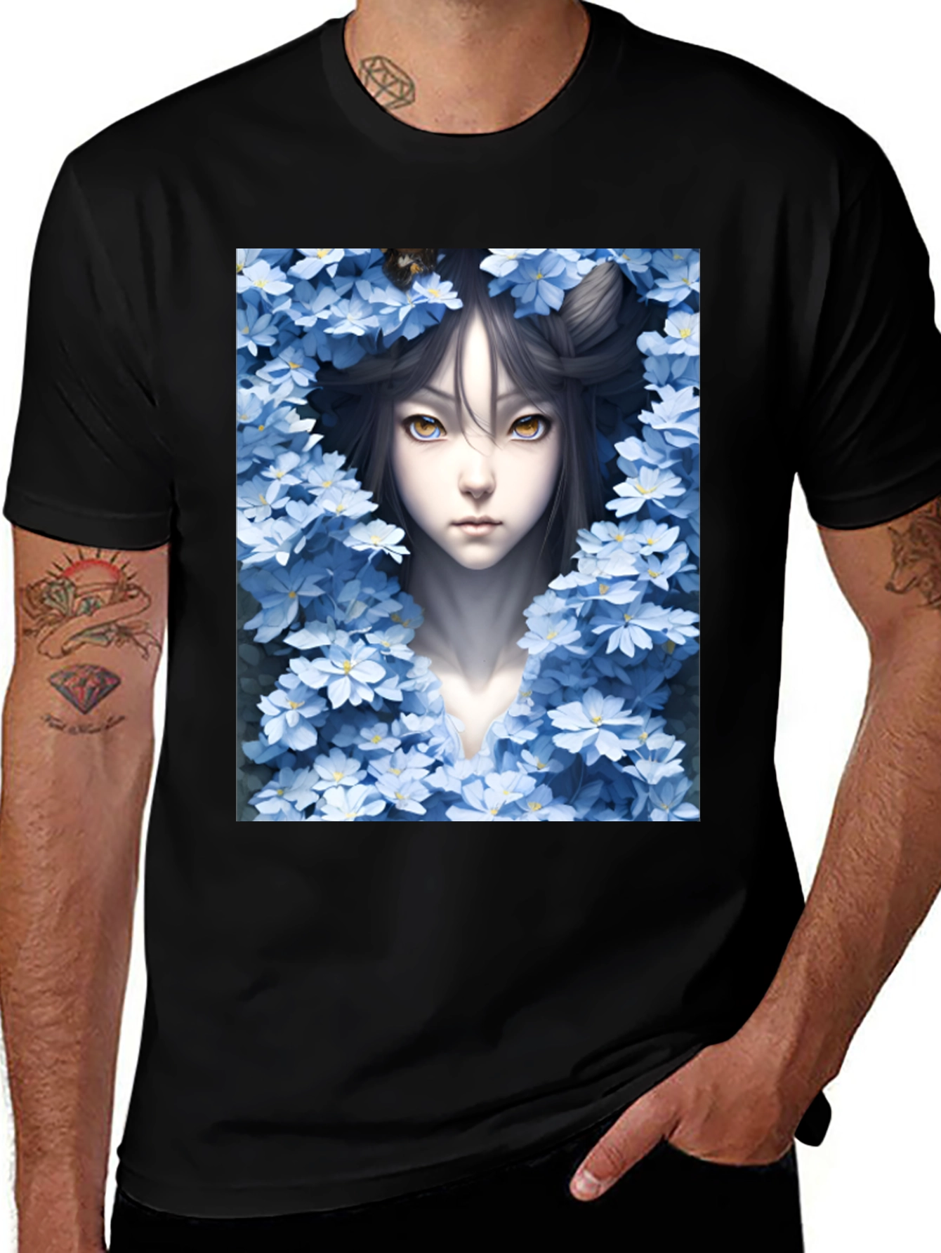Variant 22 of Anime Girl Surrounded by Flowers Black Tee