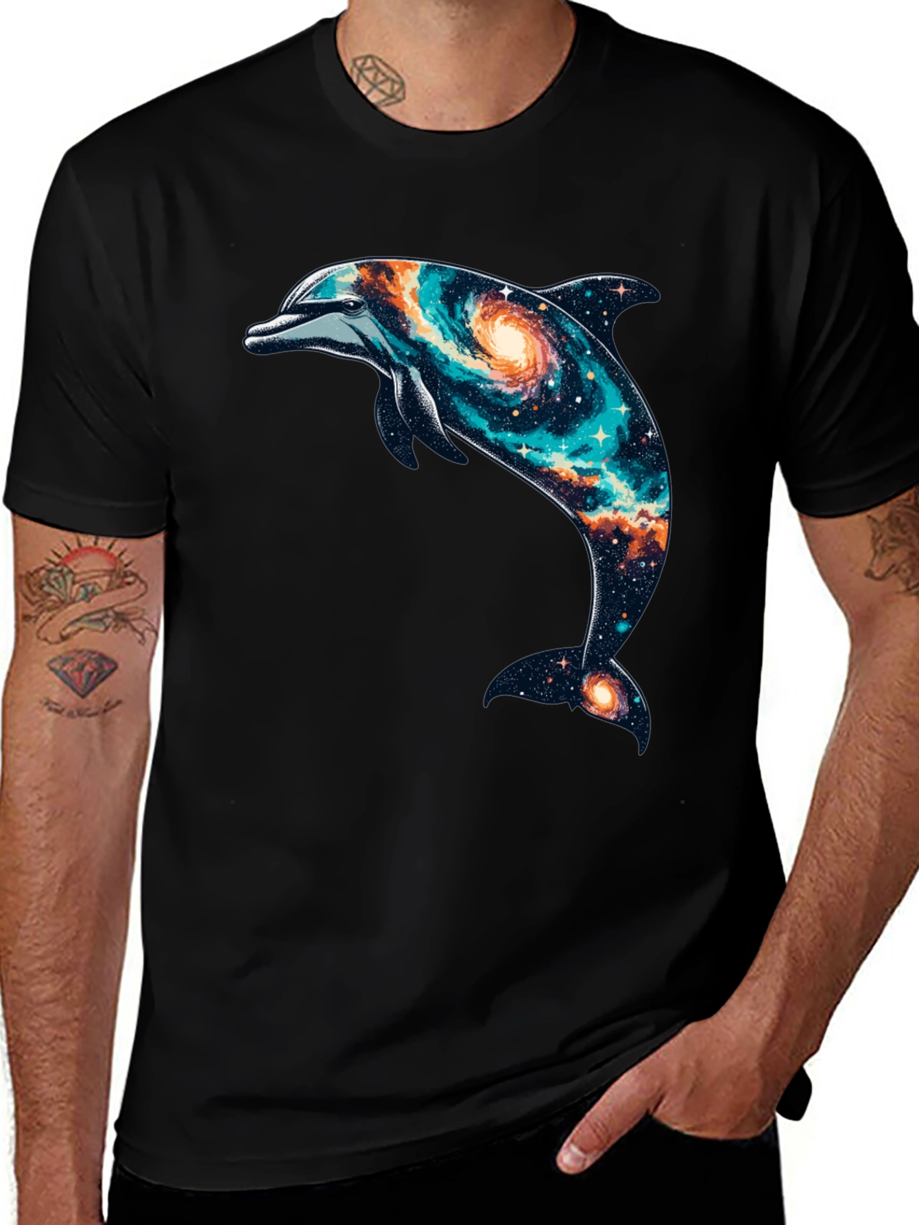 Variant 3 of Galaxy Dolphin Graphic Tee - Black Cotton Blend