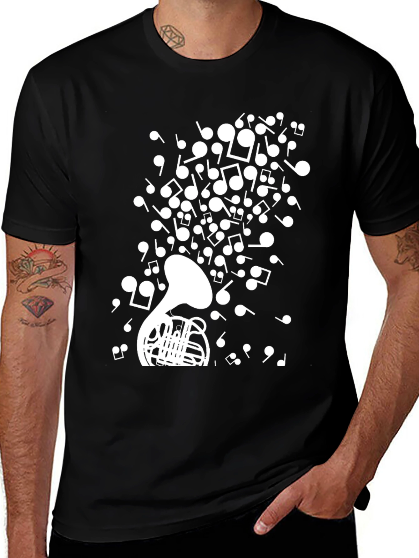 Variant 30 of French Horn & Music Notes Graphic T-Shirt - Black