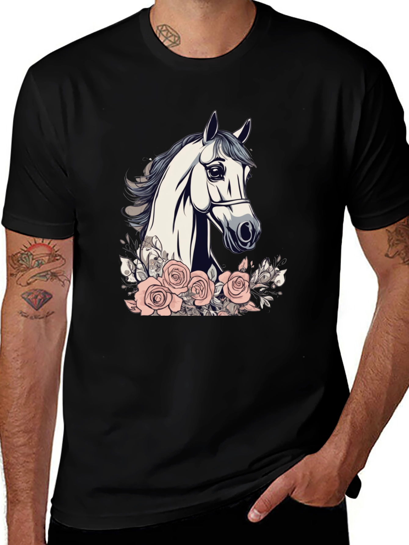 Variant 12 of Horse and Roses Graphic Tee - Black