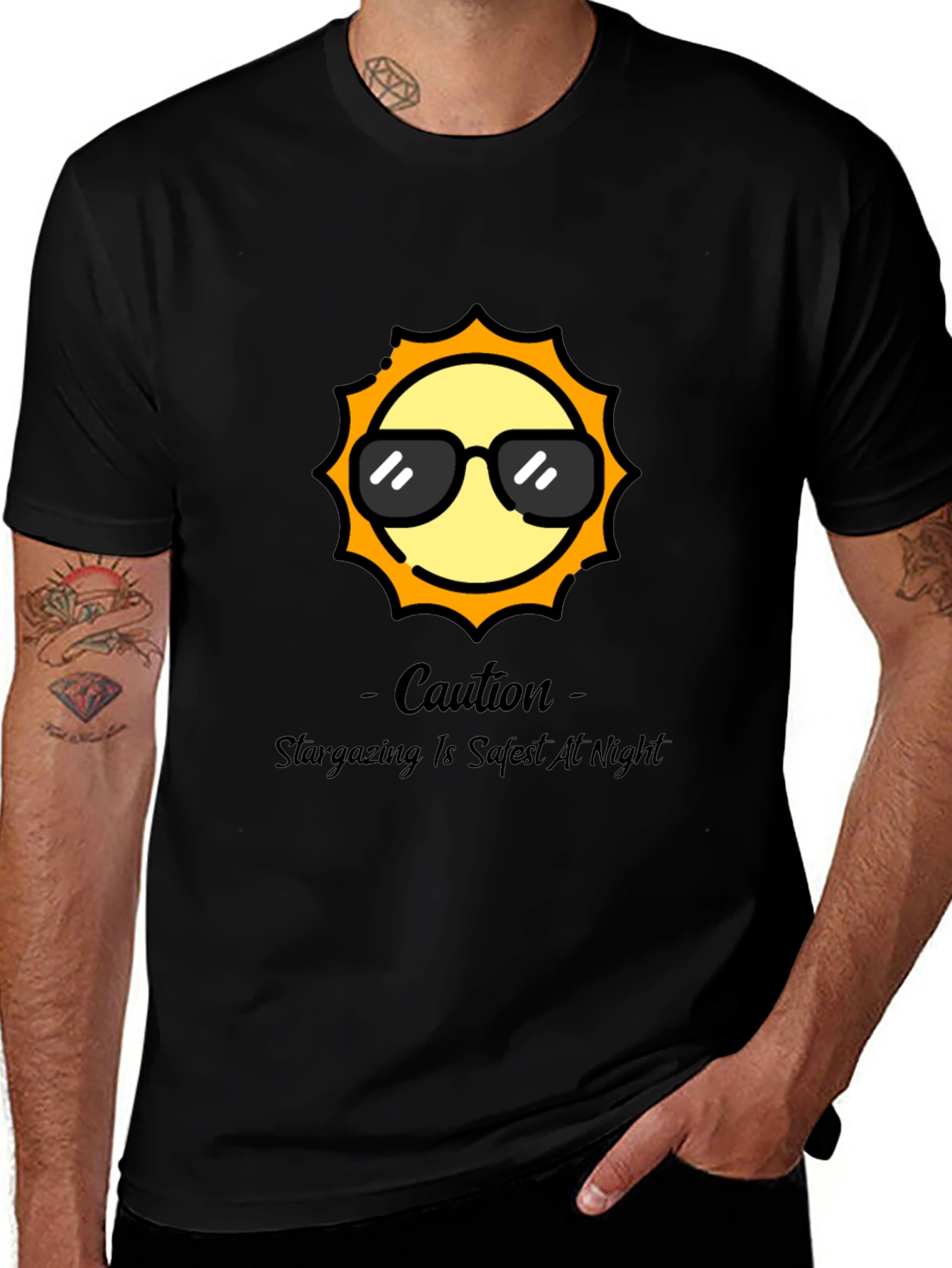 Black Cool Sun Graphic Tee - Stargazing Caution T-Shirt main image