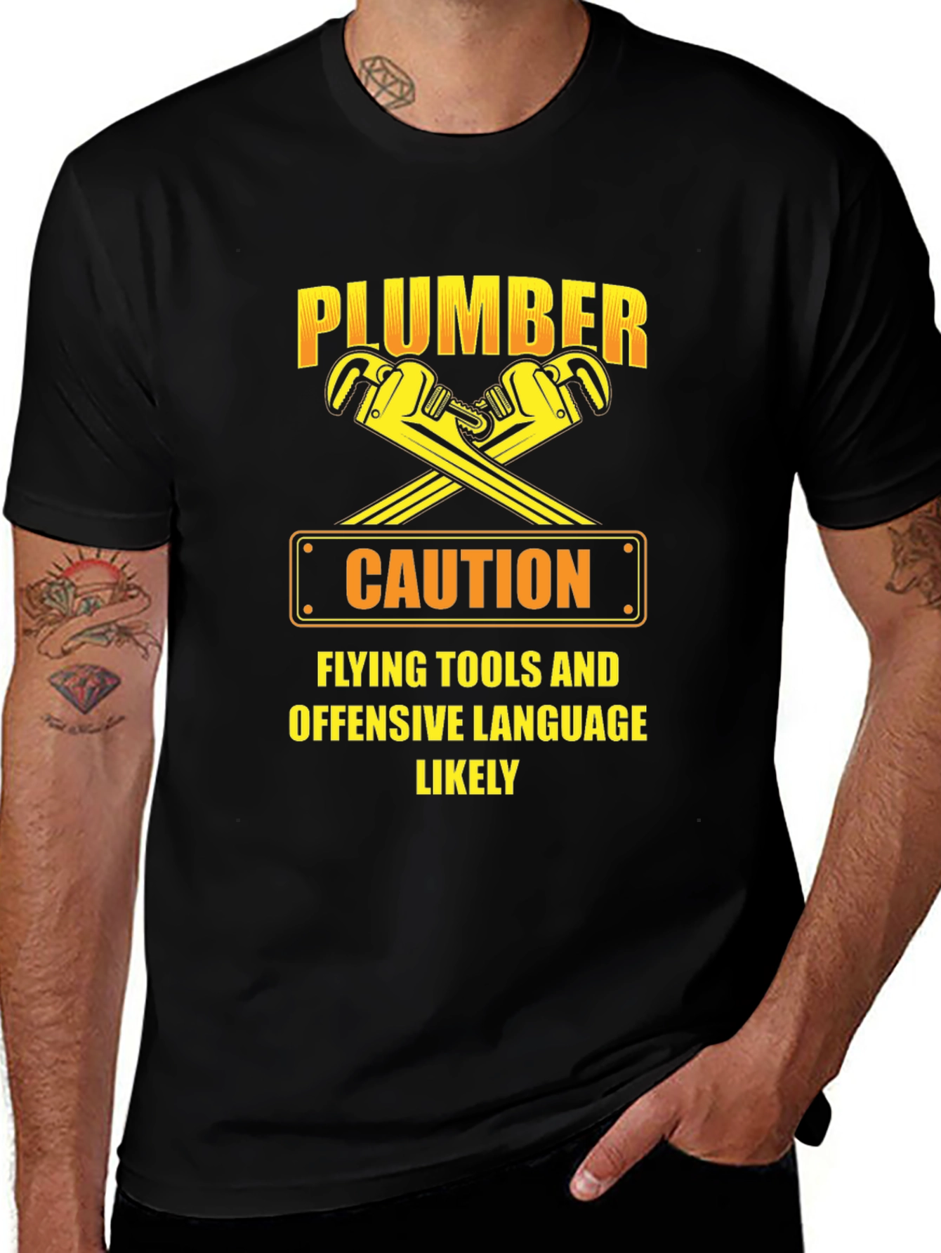 Funny Plumber Caution T-Shirt: Flying Tools & Offensive Language