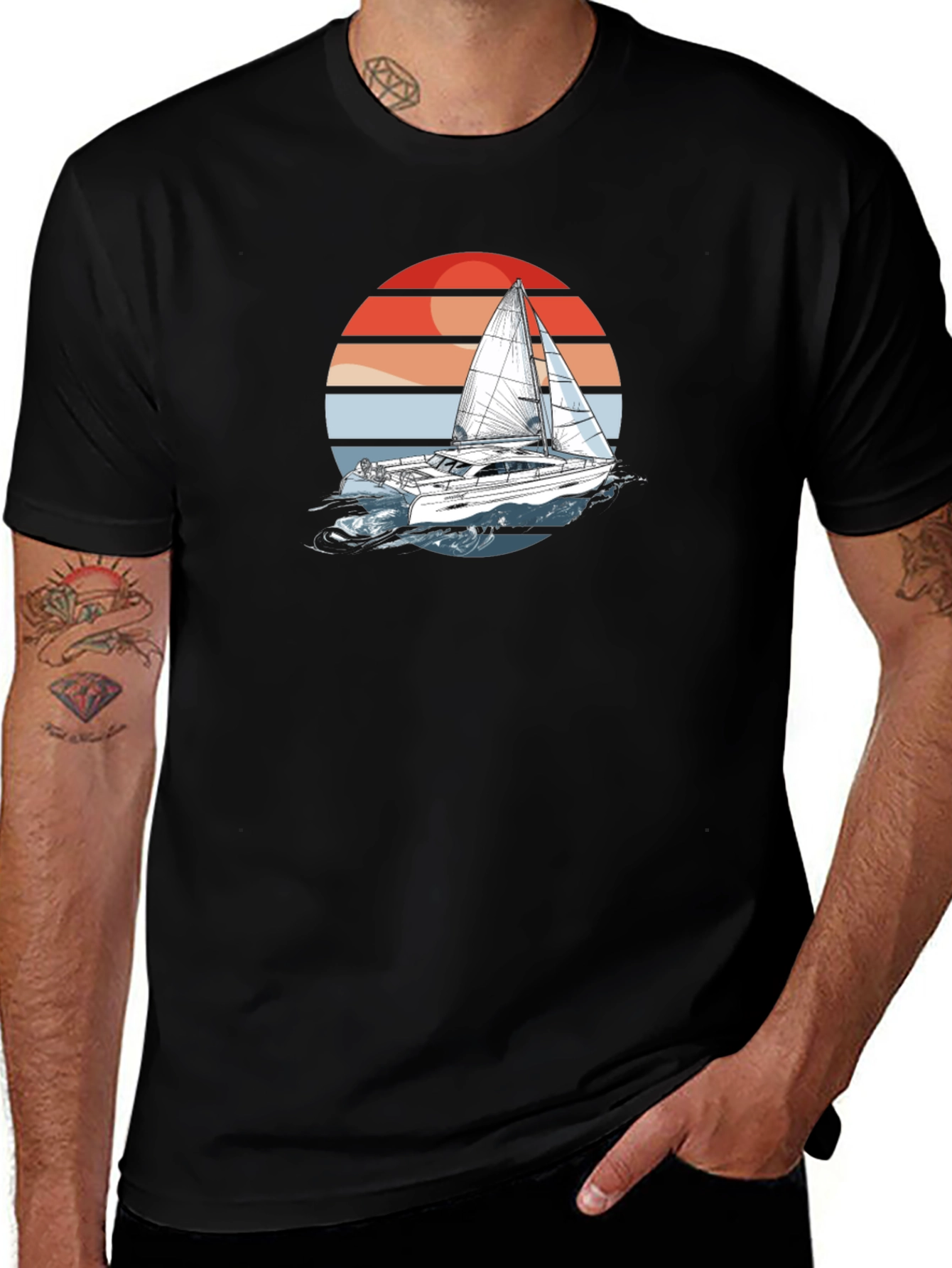 Variant 3 of Sailboat Sunset Graphic Tee - Black Cotton T-Shirt