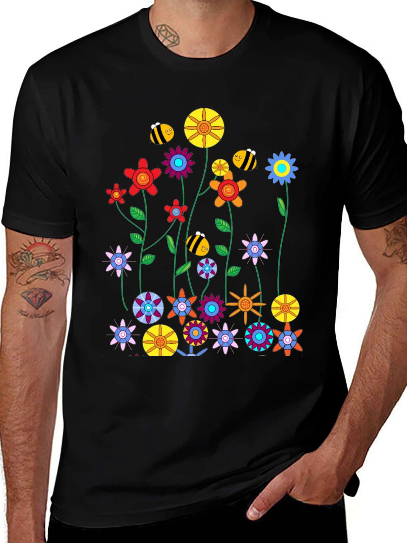 Variant 29 of Funky Floral and Bee Graphic Black T-Shirt
