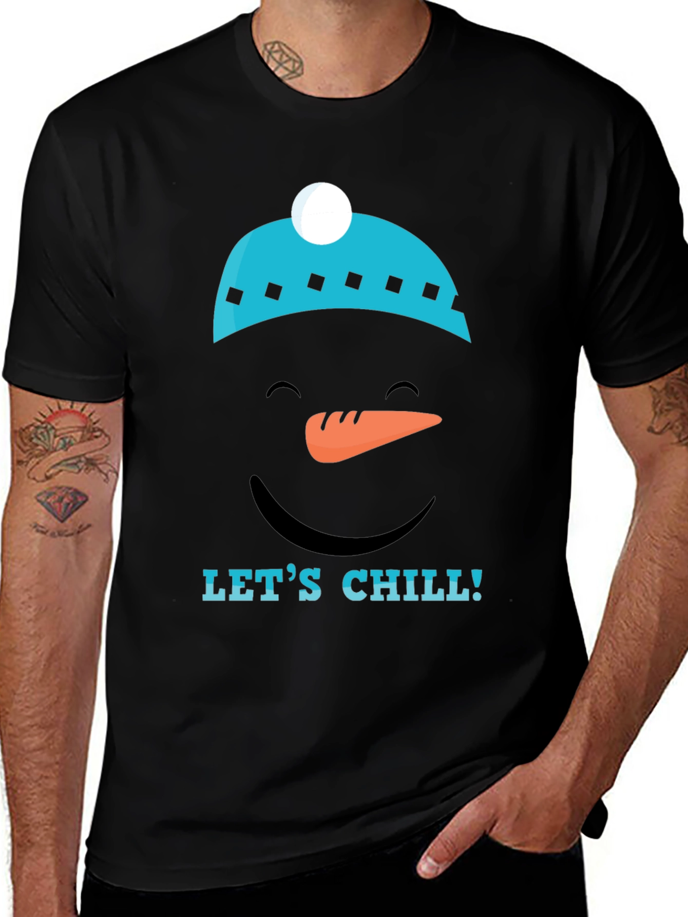 Variant 30 of Let's Chill Snowman Graphic Tee - Black Cotton T-Shirt