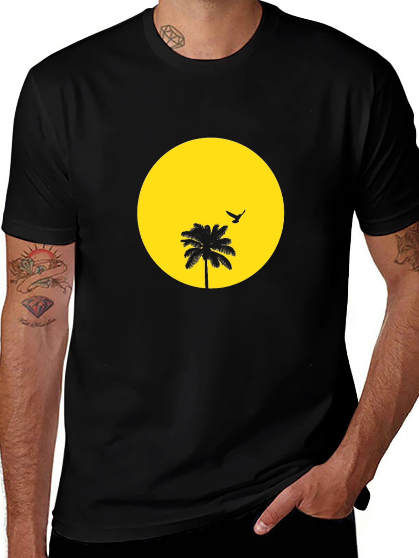Variant 2 of Sunset Palm Tree Graphic Tee - Black Cotton T-Shirt
