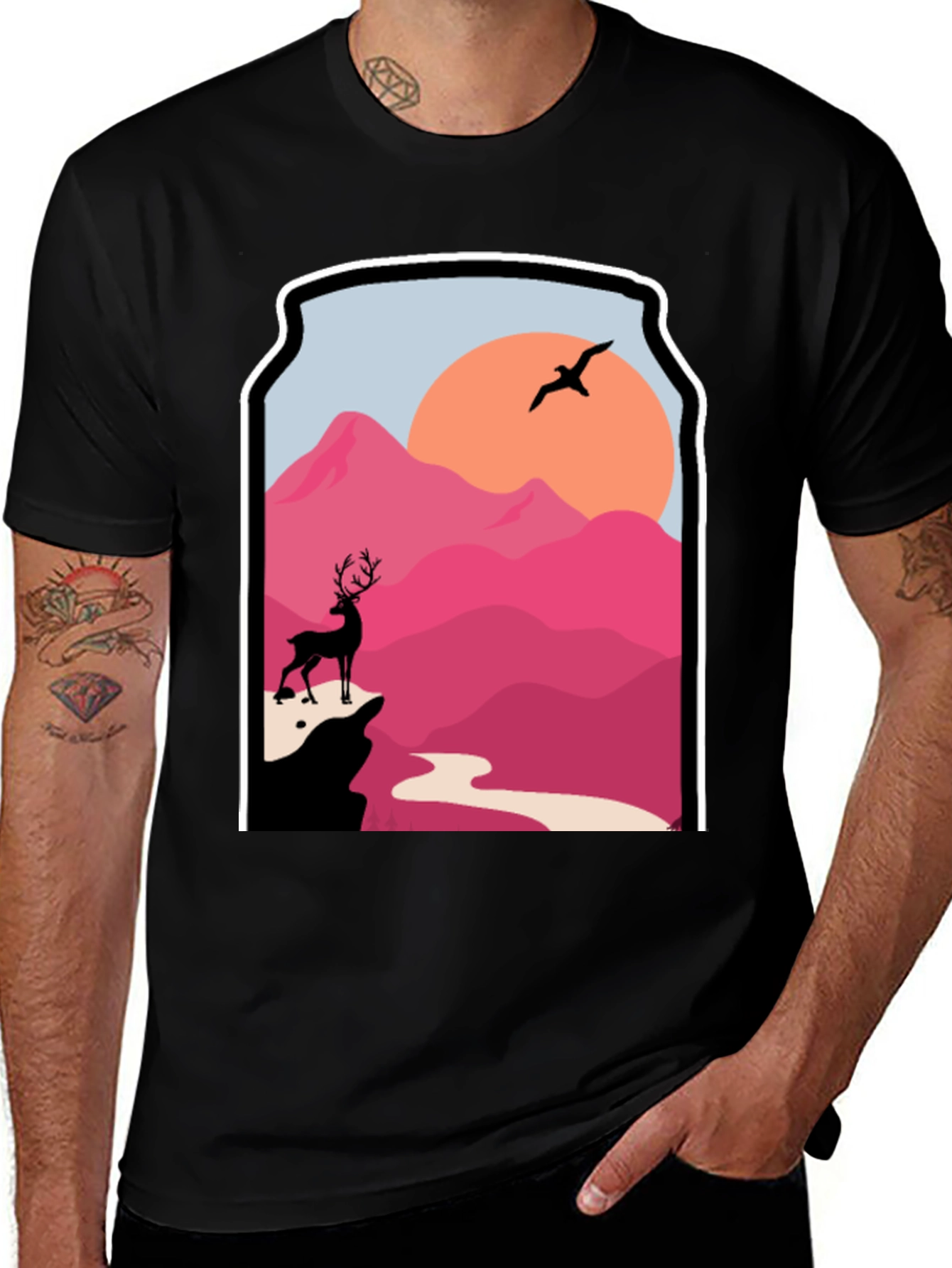 Variant 6 of Nature Scene Graphic Tee - Deer, Mountain, Bird Design
