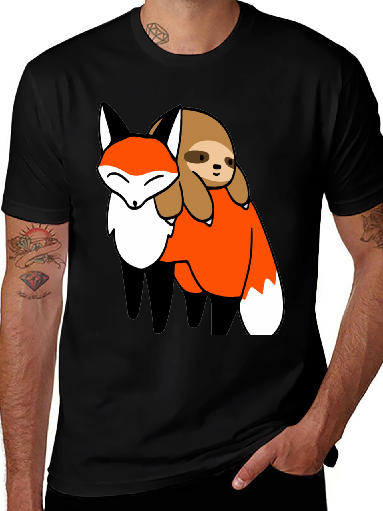 Variant 13 of Fox and Sloth Cartoon Black T-Shirt