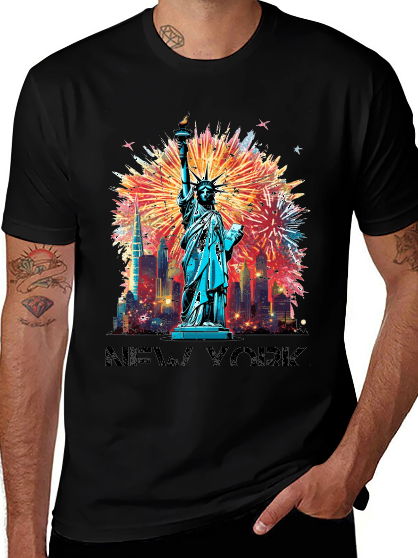 New York Fireworks Graphic Tee - Statue of Liberty Shirt