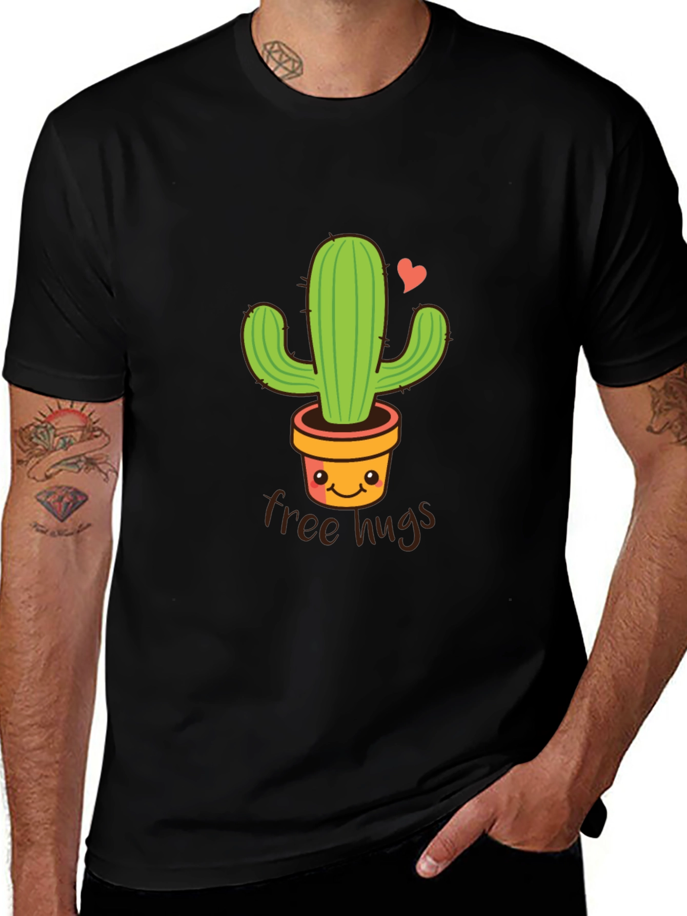Cactus Free Hugs Graphic Tee - Black Cotton T-Shirt