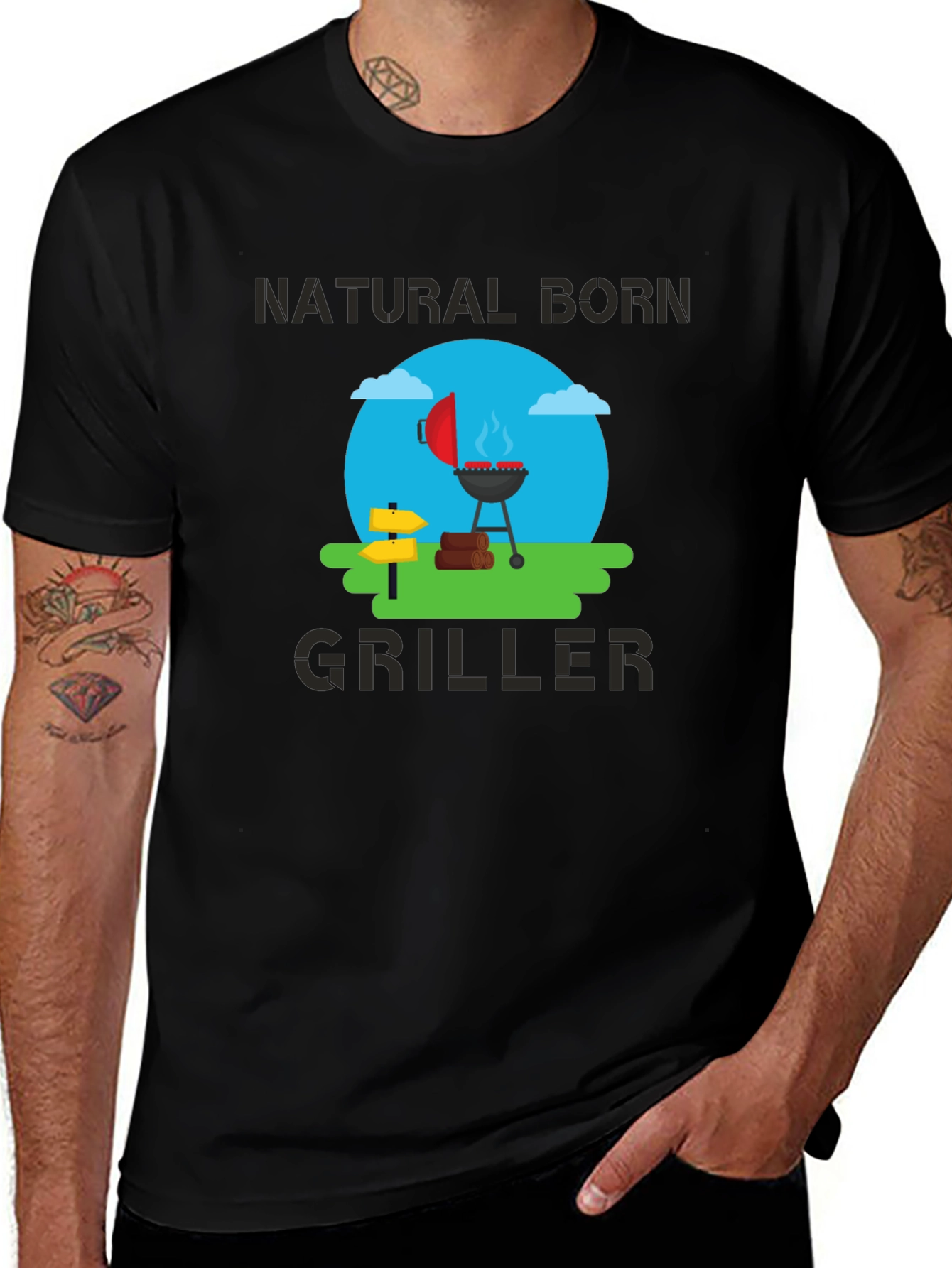 Natural Born Griller Black T-Shirt - BBQ Design