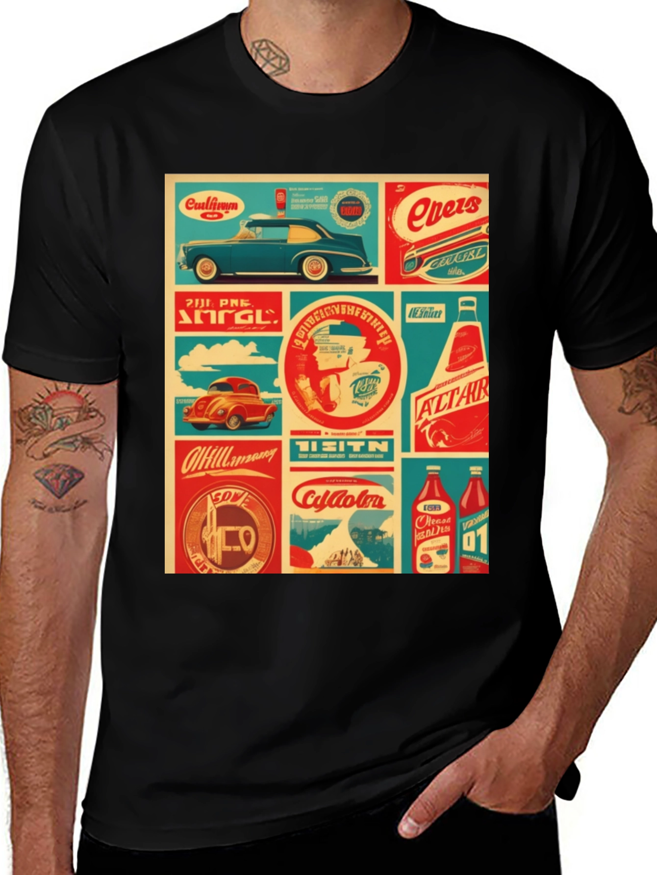 Variant 26 of Retro Collage Graphic Tee - Vintage Soda & Car Design