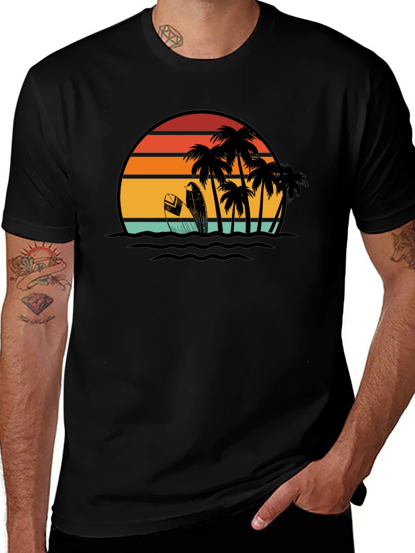 Variant 20 of Retro Sunset Surf T-Shirt: Black Tropical Beach Tee
