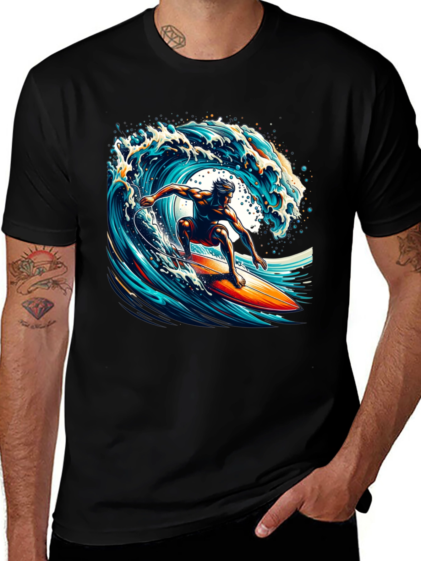 Variant 17 of Surfer Wave Graphic T-Shirt - Black Cotton Tee
