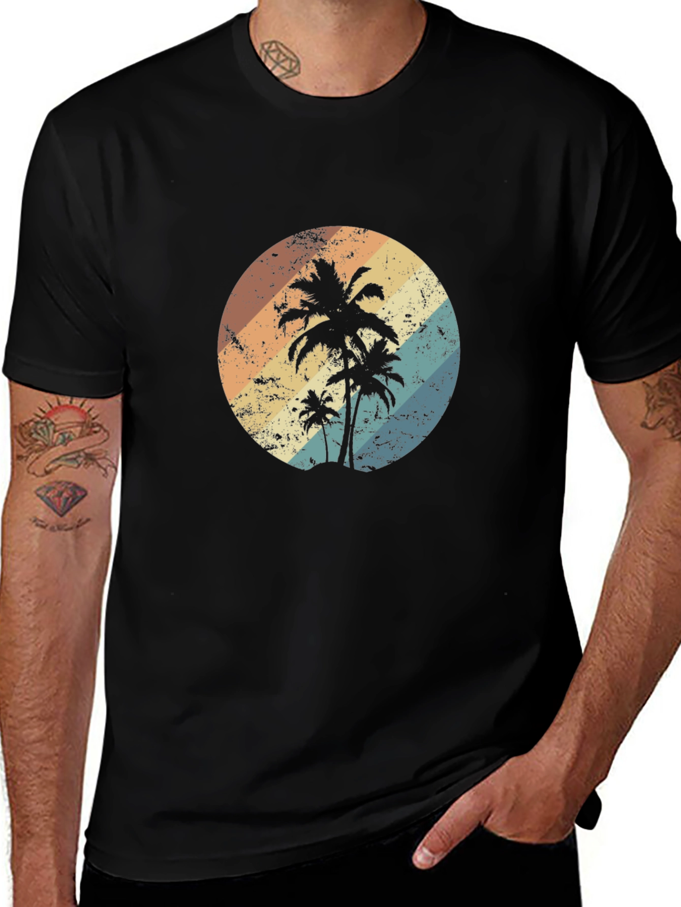 Variant 4 of Retro Palm Tree Graphic Tee - Black Cotton T-Shirt
