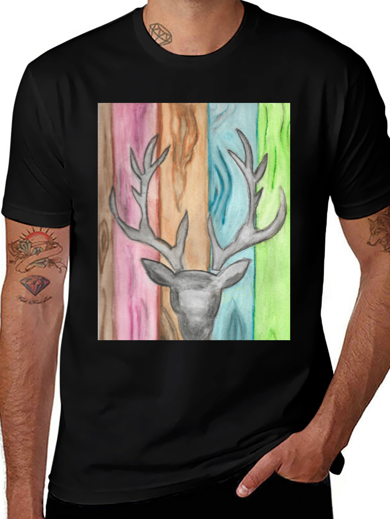 Variant 29 of Deer Head Graphic Print Men's Black T-Shirt