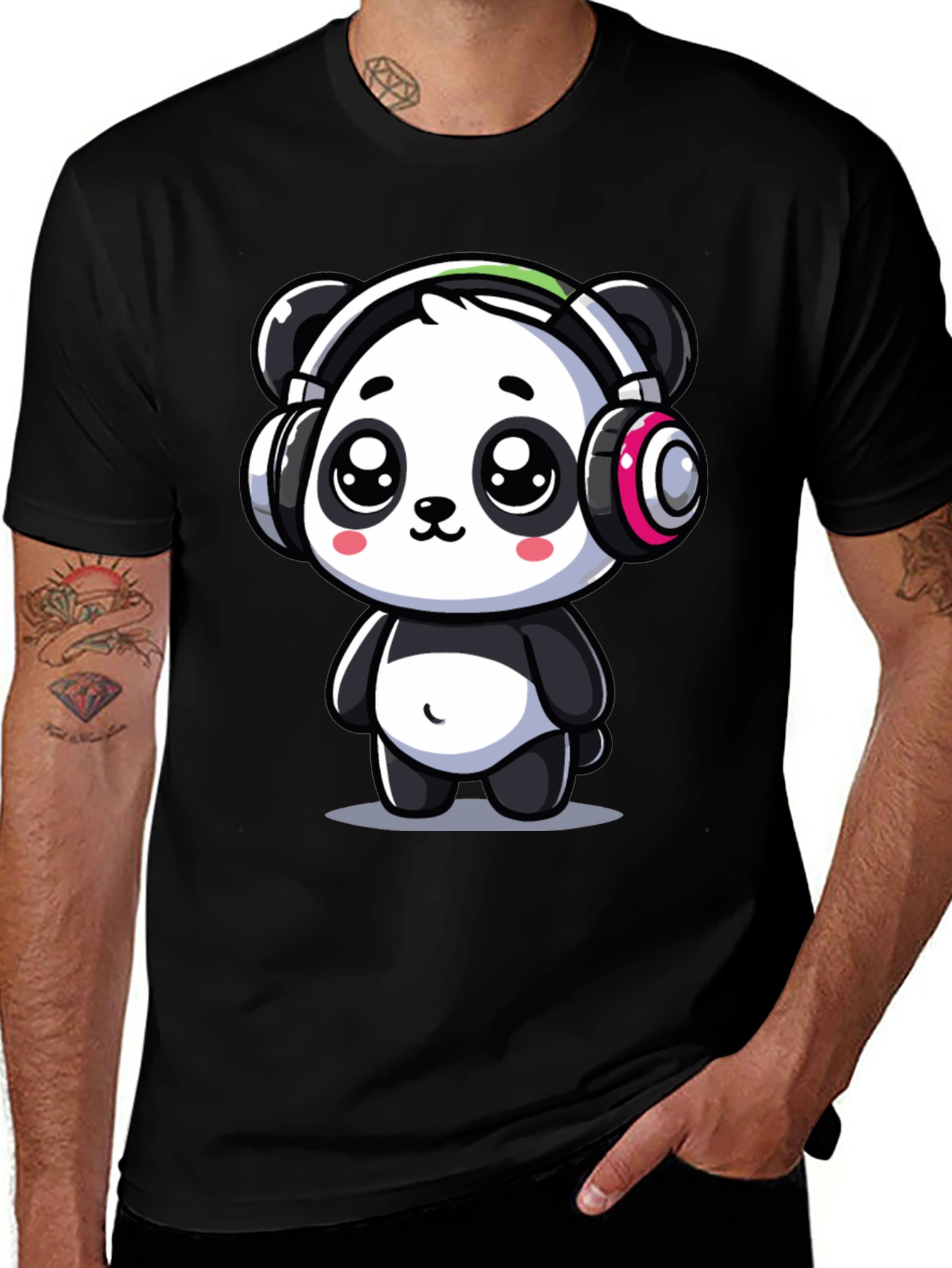 Variant 3 of Cute Panda Headphones Graphic Tee - Black Cotton