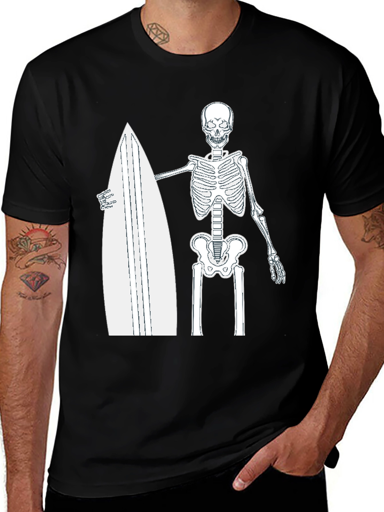 Variant 2 of Skeleton Surfer T-Shirt - Black Graphic Tee