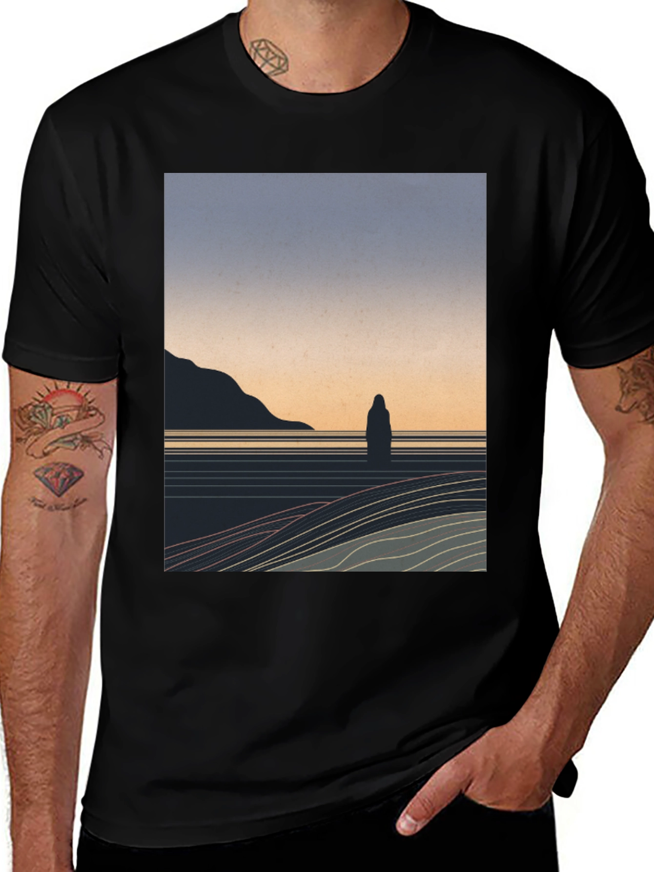 Black Minimalist Landscape Graphic T-Shirt - Black main image