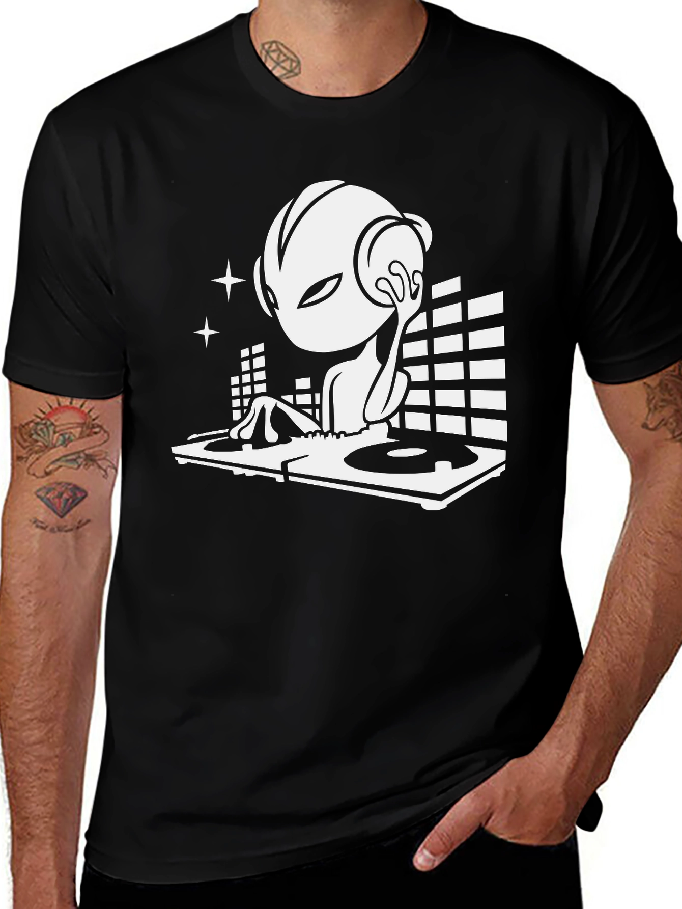 Variant 10 of DJ Alien Graphic T-Shirt - Black Cotton Tee