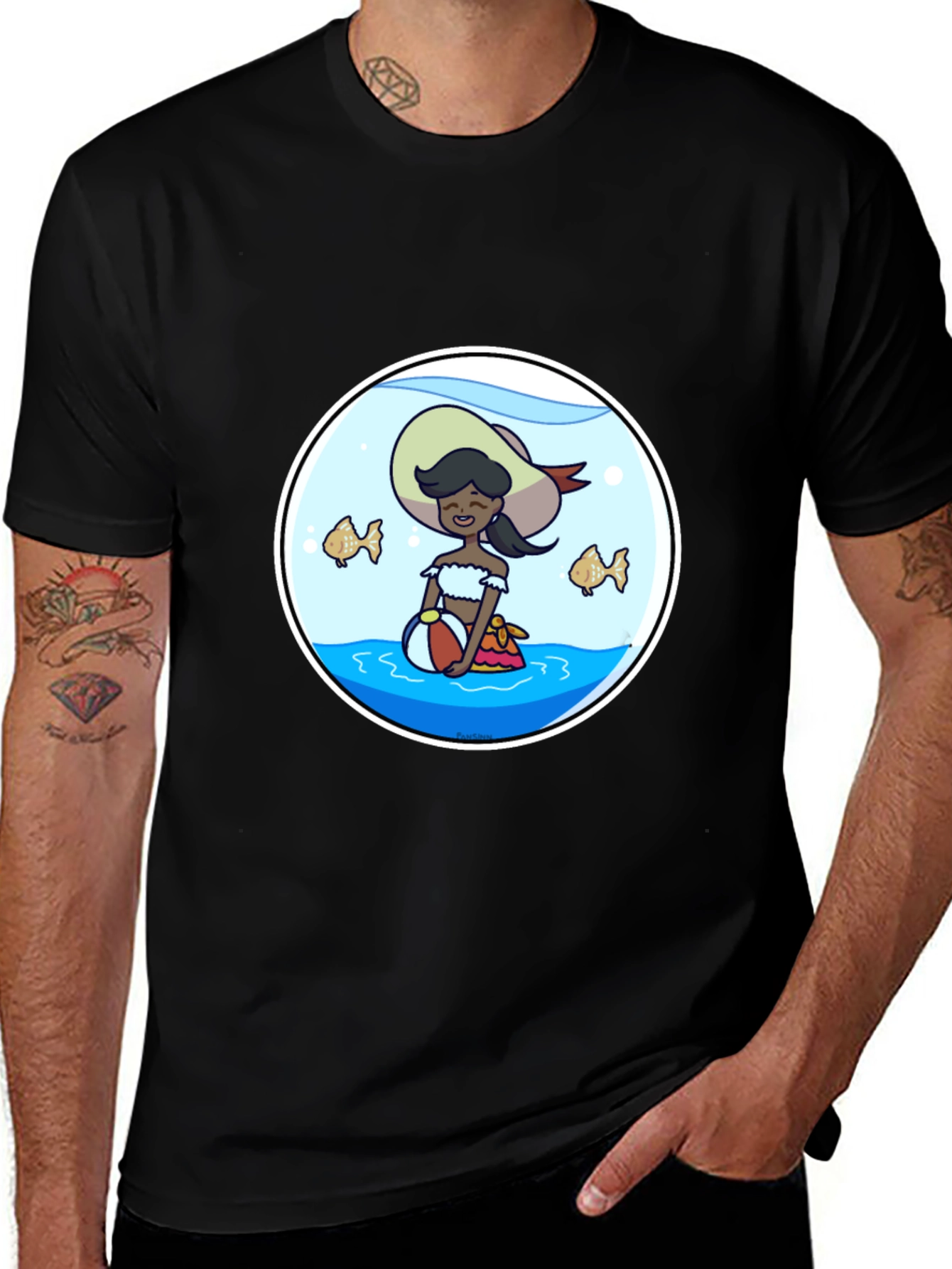 Variant 18 of Cartoon Beach Girl in Fishbowl T-Shirt