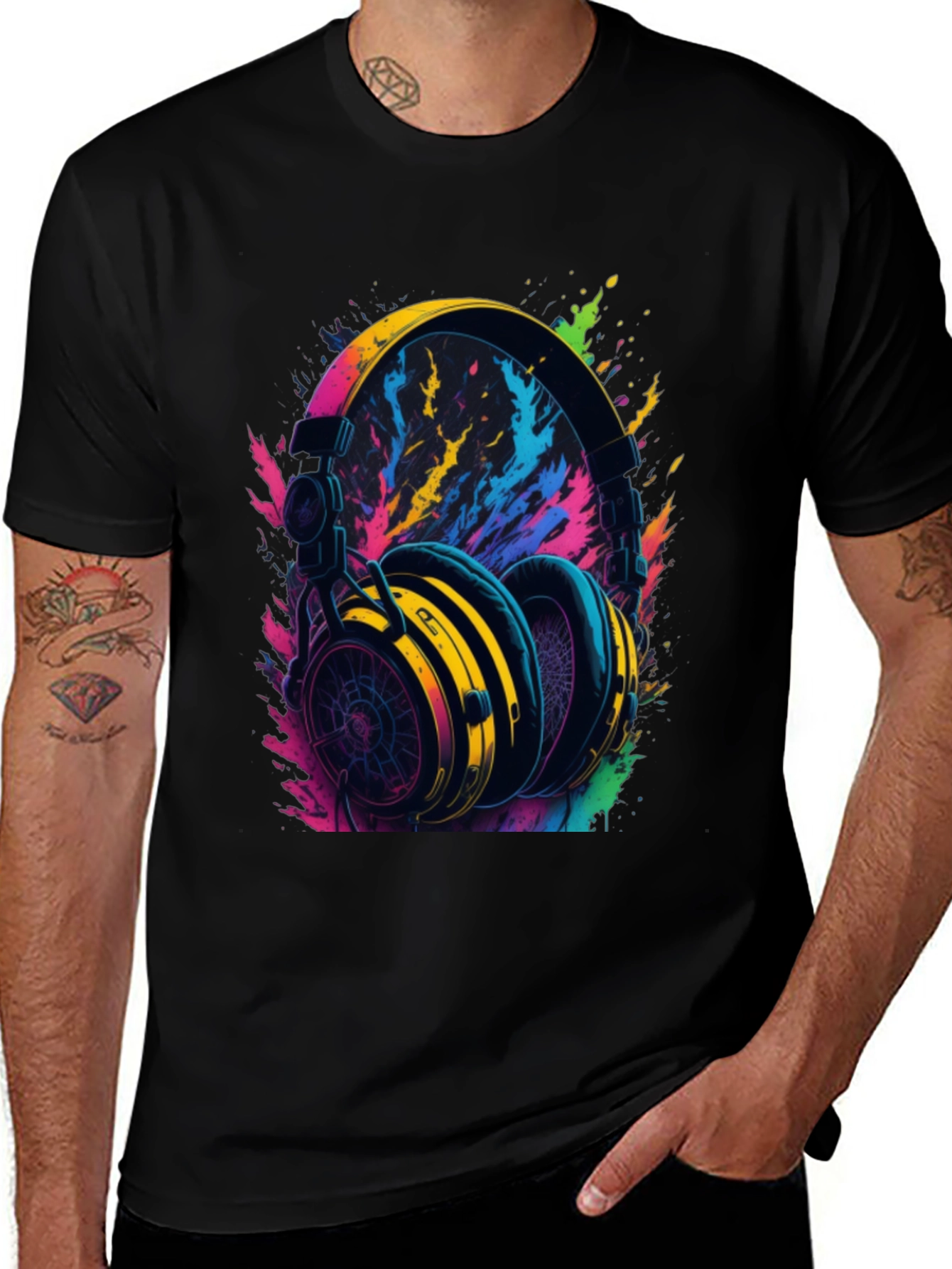 Variant 4 of Neon Headphones Graphic Tee - Black Cotton Comfort