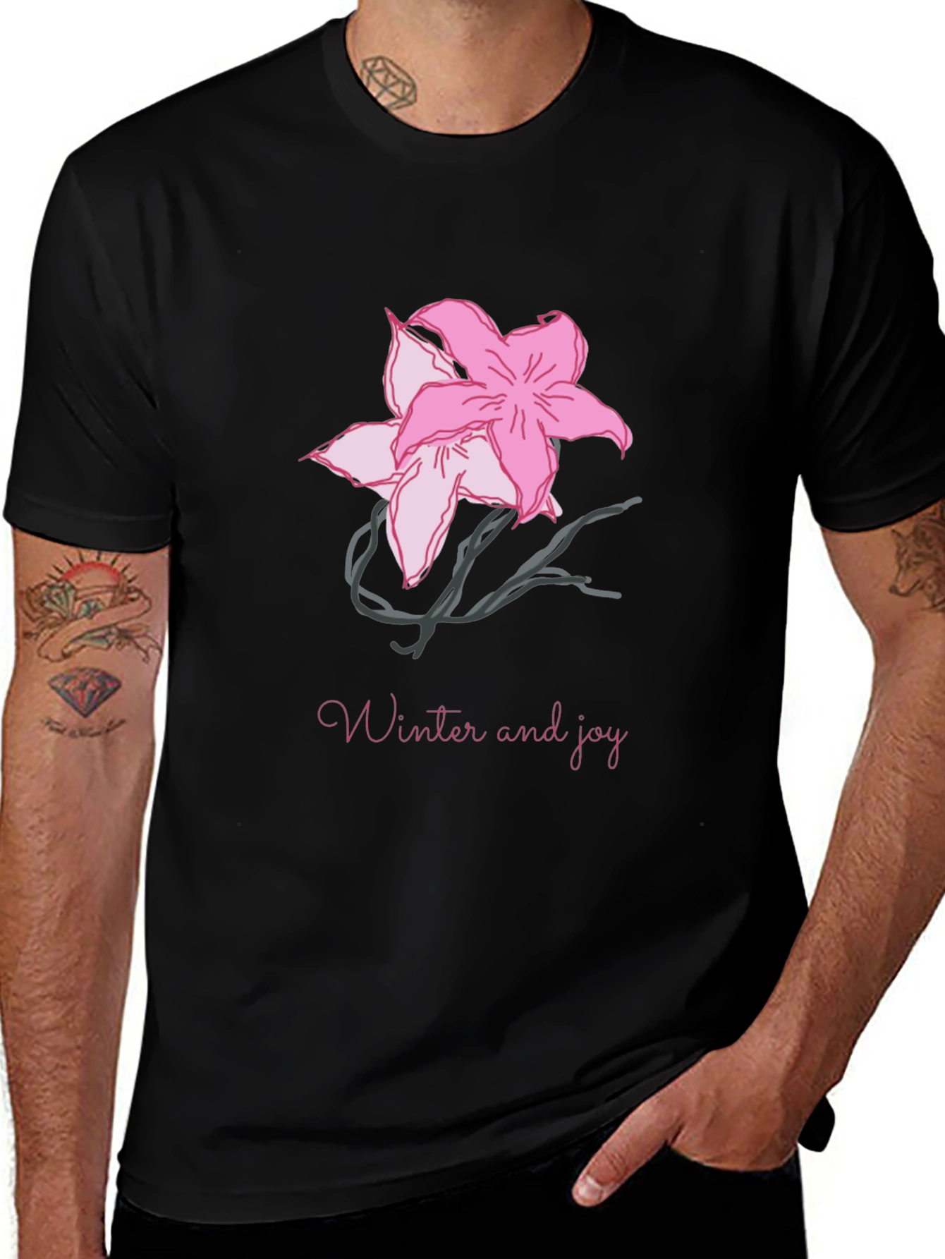Black T-Shirt with Pink Flower Graphic