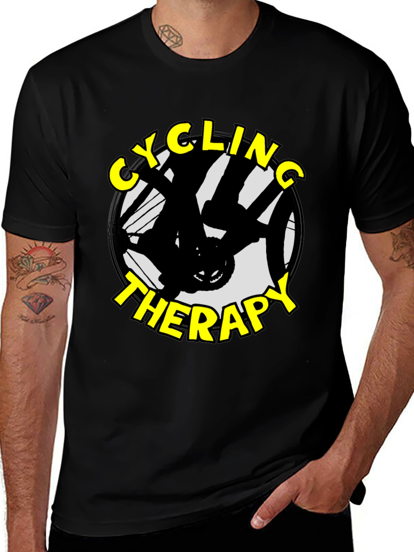 Variant 6 of Cycling Therapy Graphic T-Shirt - Black Cotton Tee