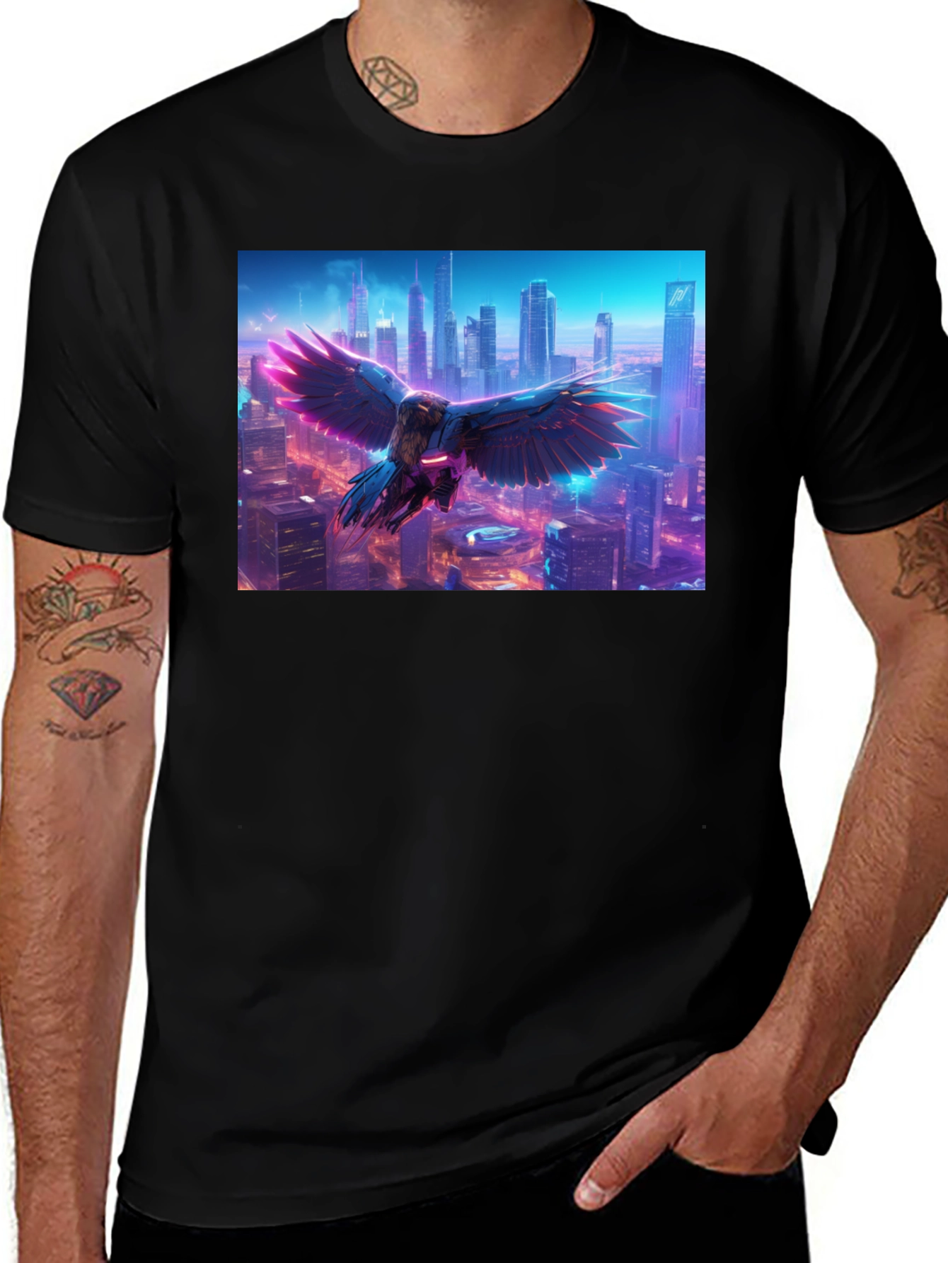 Variant 17 of Cyberpunk Bird Cityscape Graphic Tee - Black