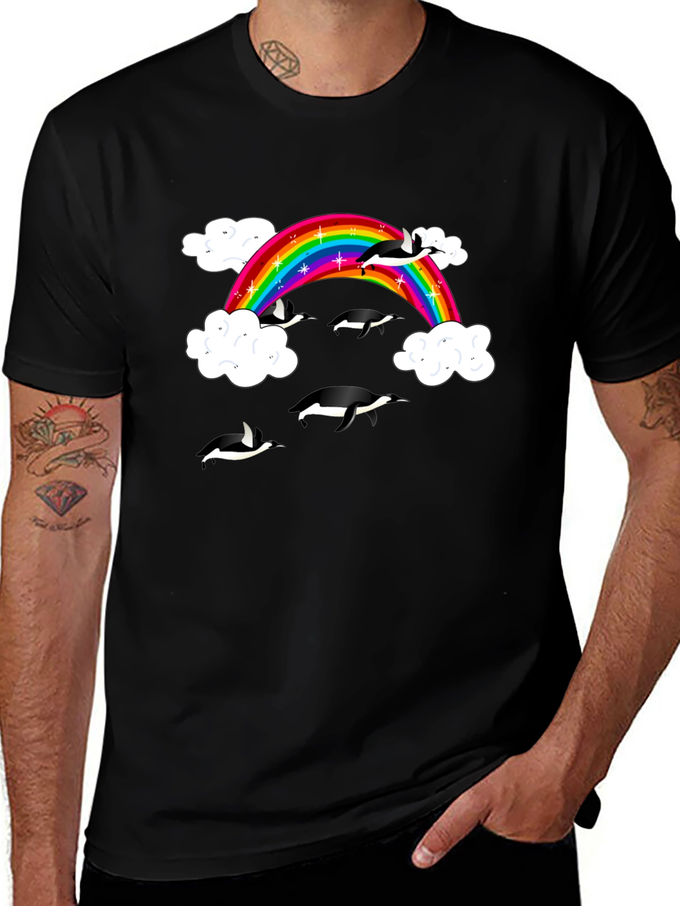 Variant 22 of Rainbow Penguin T-Shirt - Black Cotton Graphic Tee