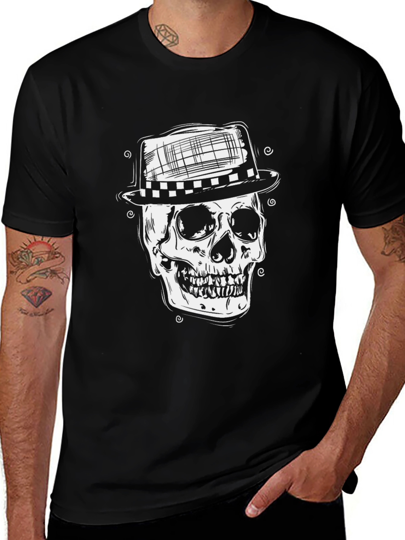 Variant 29 of Skull with Hat Graphic Tee - Men's Black T-Shirt