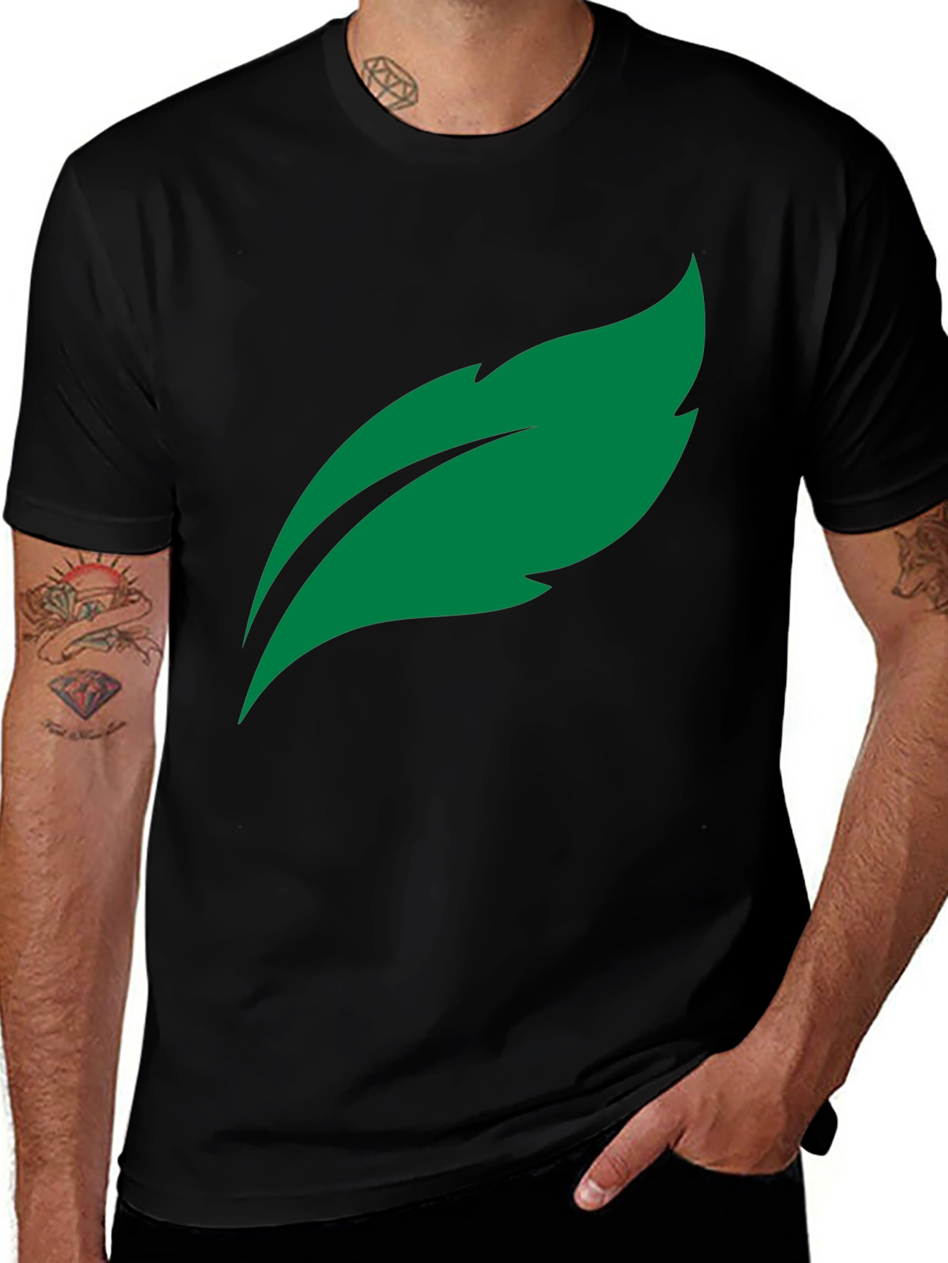 Green Leaf Graphic Black T-Shirt - Nature Inspired Casual Wear