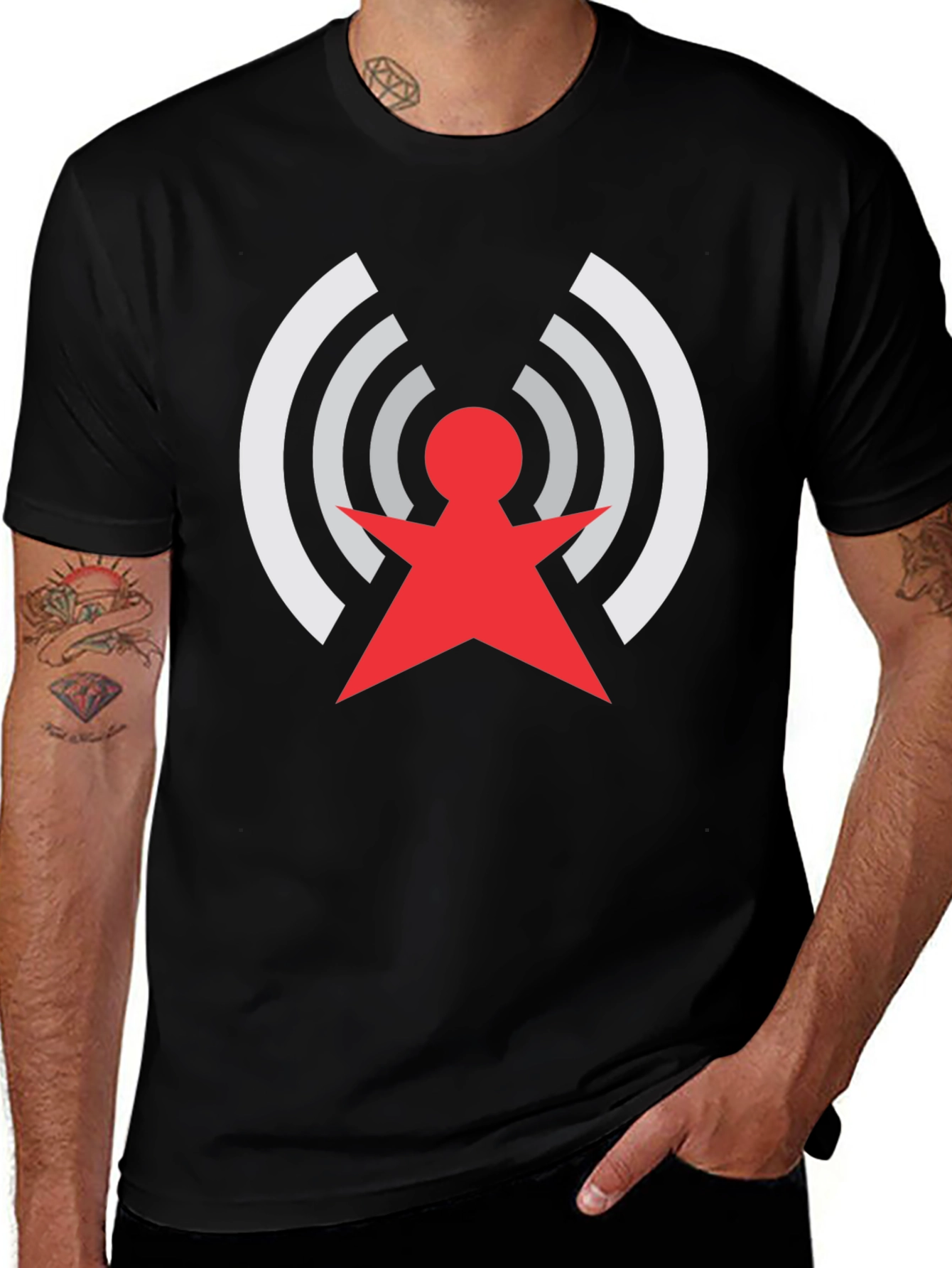 Variant 7 of Retro Red & White Antenna Design Black T-Shirt
