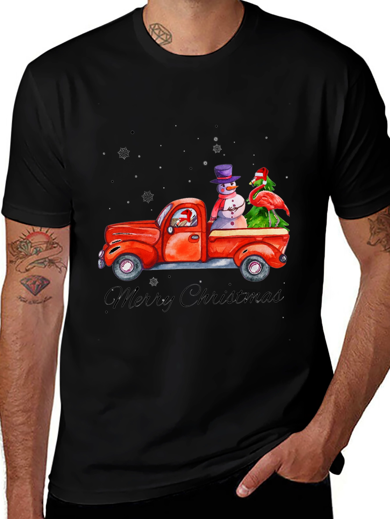Variant 15 of Christmas Truck T-Shirt with Snowman & Flamingo
