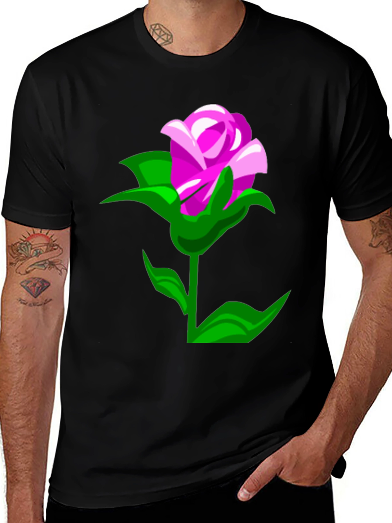 Variant 7 of Men's Black T-Shirt with Pink Rose Graphic